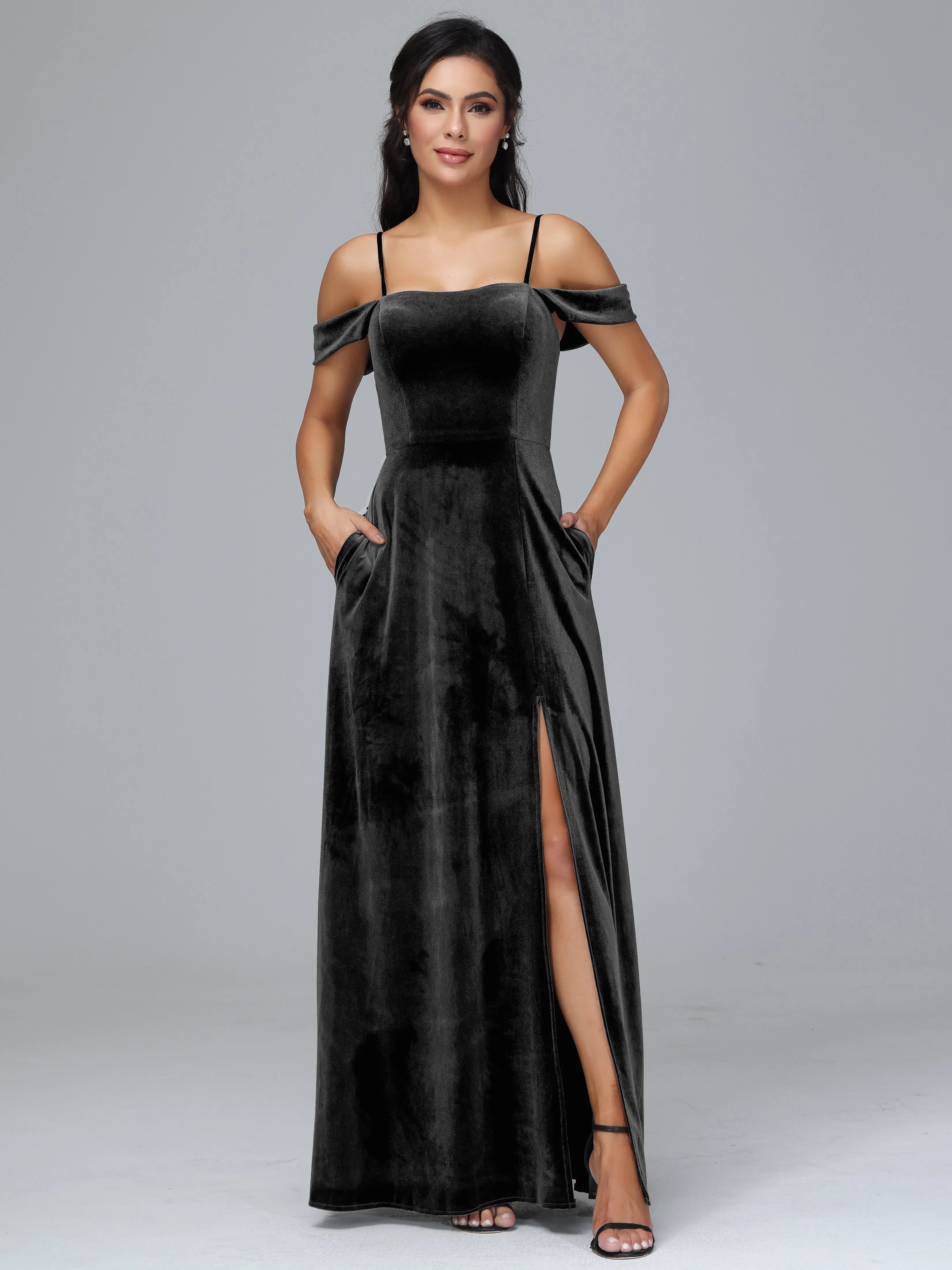 Off Shoulder Long Velvet Bridesmaid Dresses With Pockets