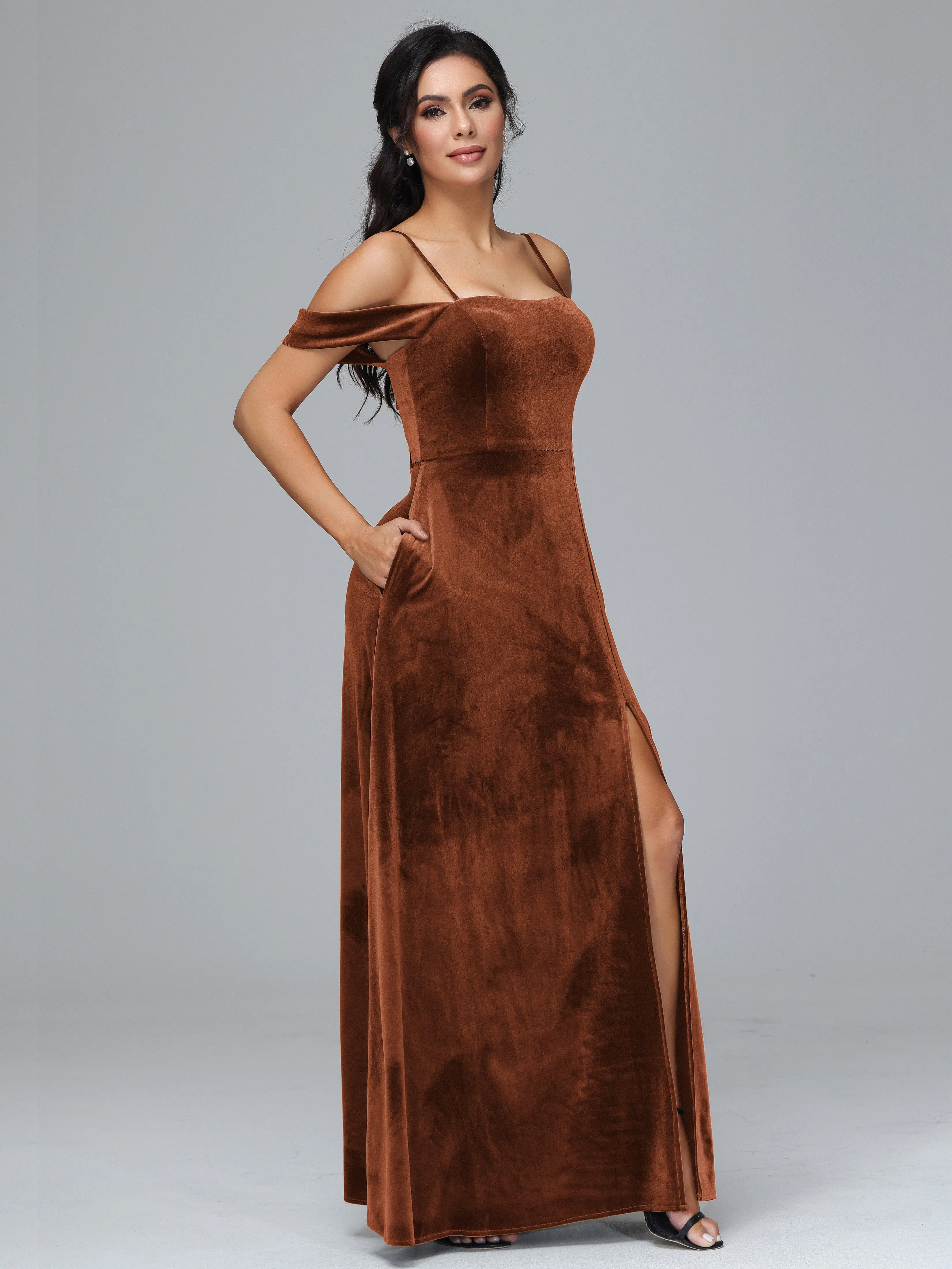 Off Shoulder Long Velvet Bridesmaid Dresses With Pockets