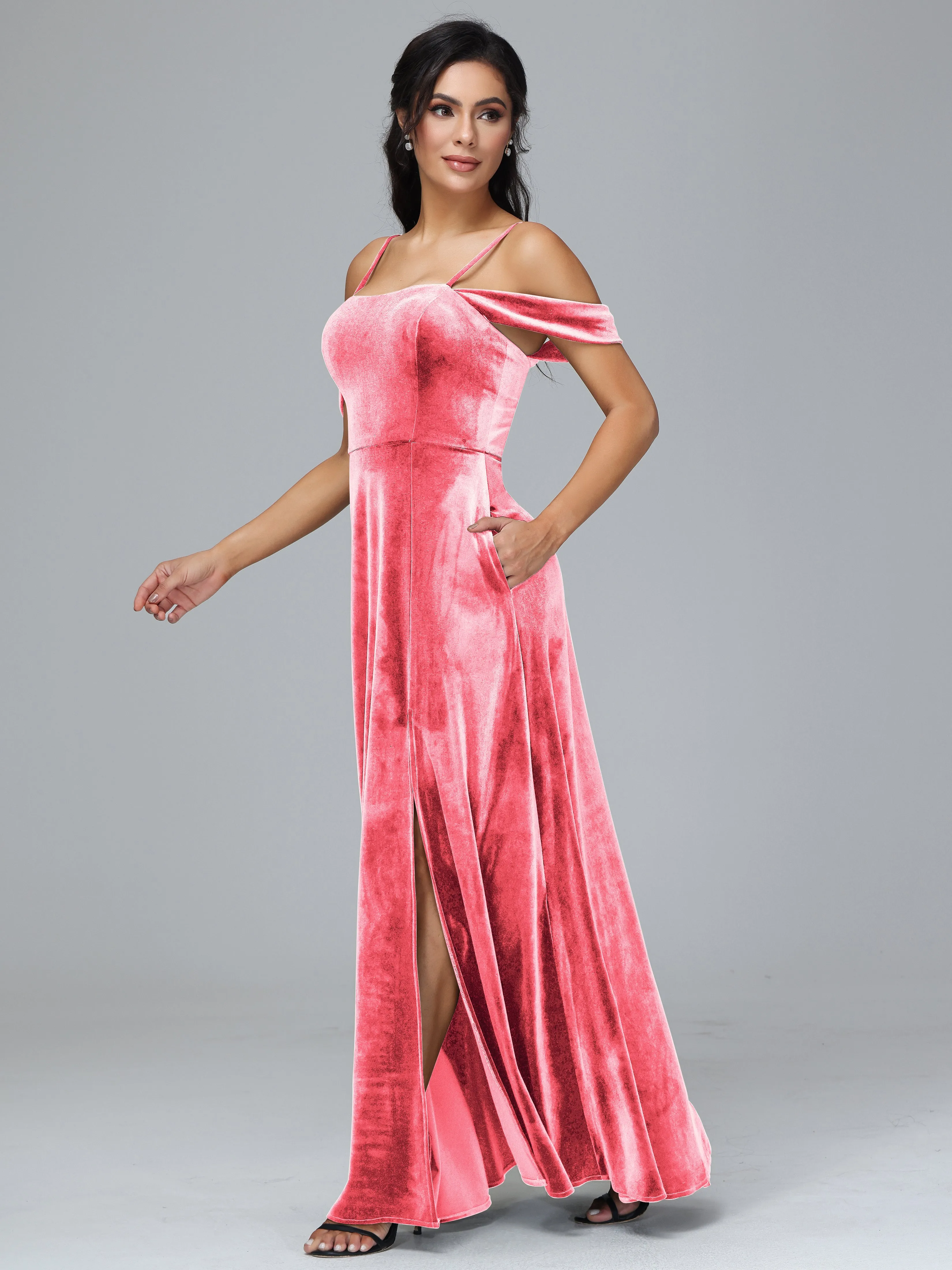 Off Shoulder Long Velvet Bridesmaid Dresses With Pockets