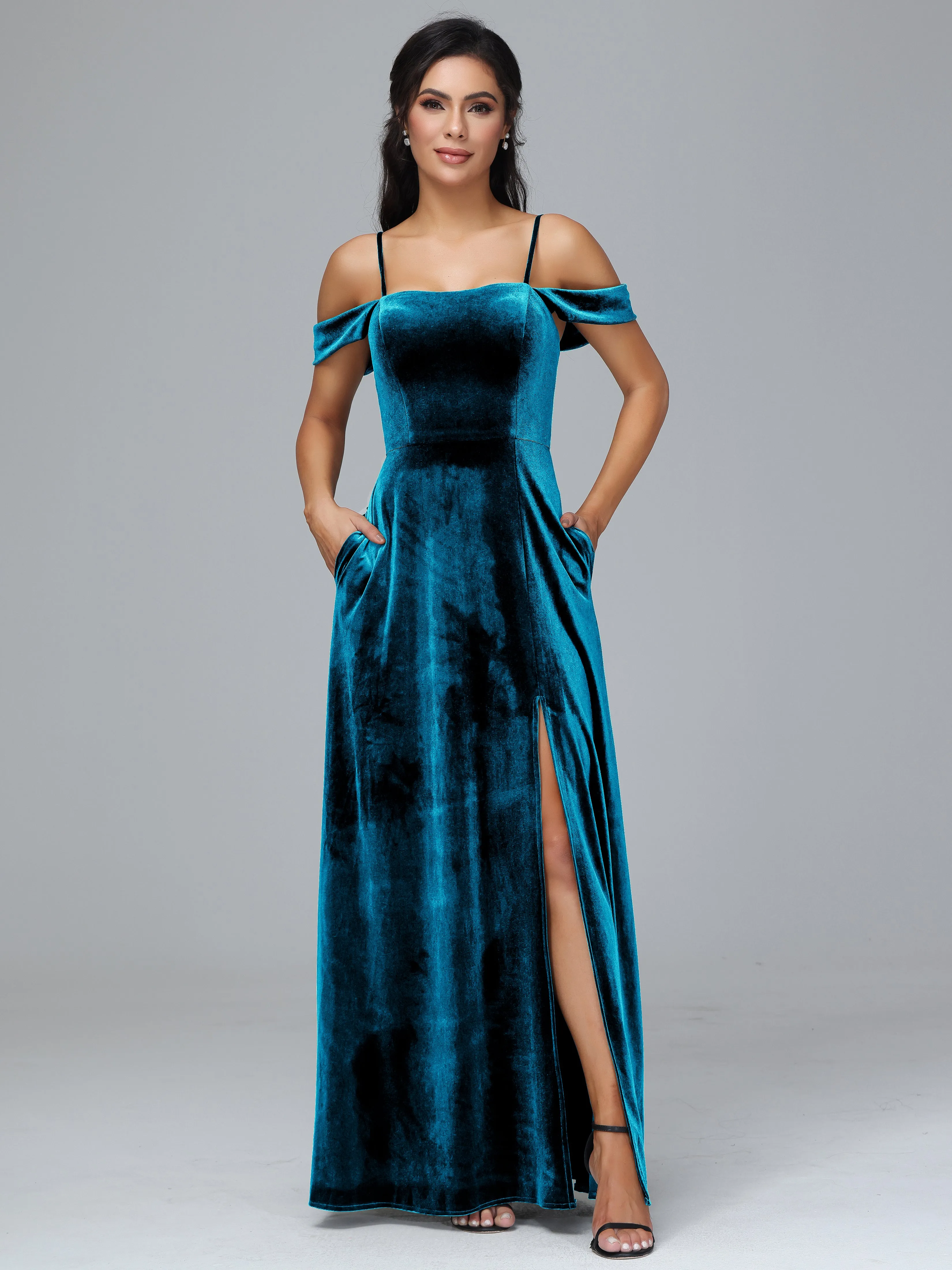 Off Shoulder Long Velvet Bridesmaid Dresses With Pockets