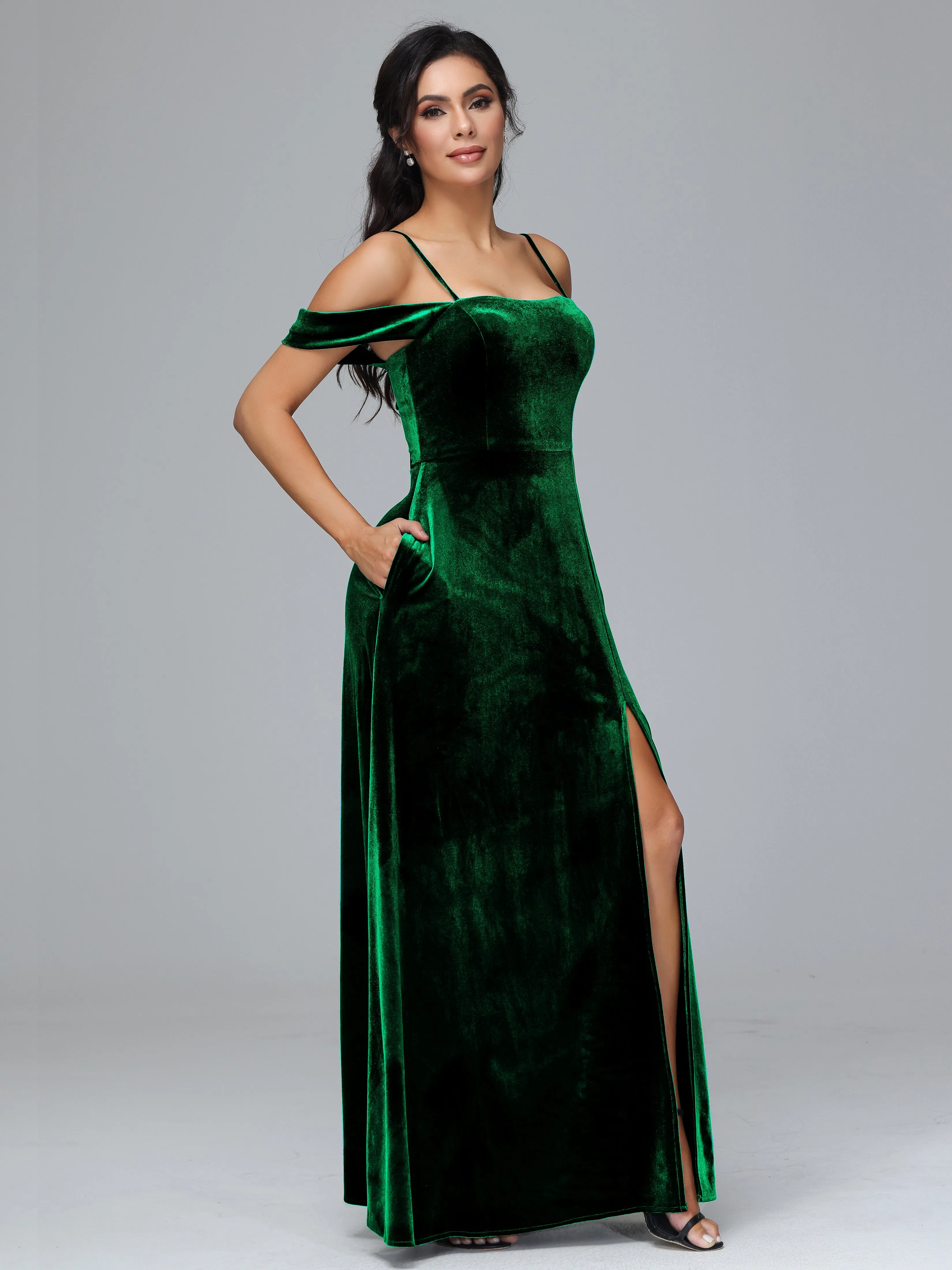 Off Shoulder Long Velvet Bridesmaid Dresses With Pockets