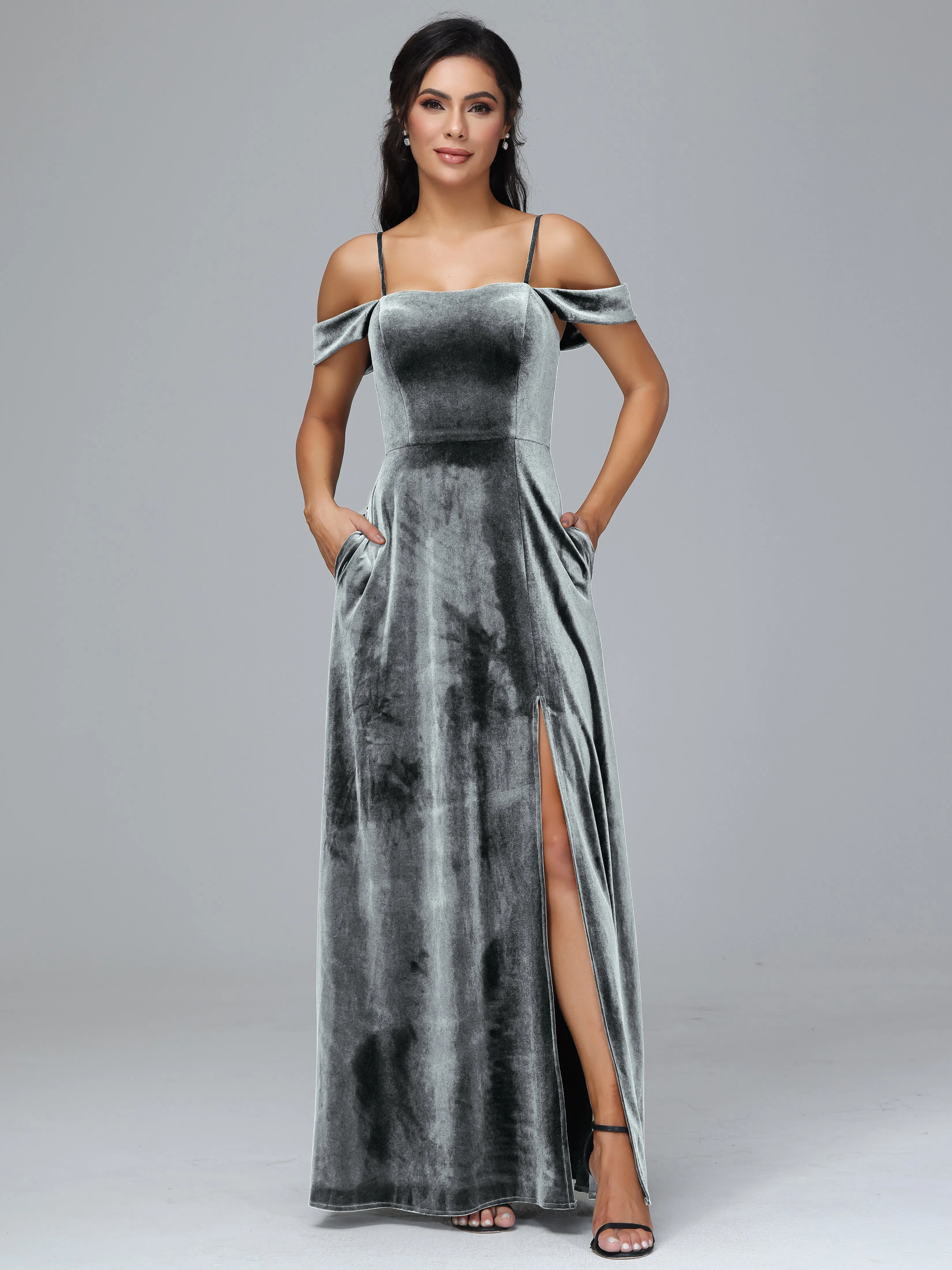 Off Shoulder Long Velvet Bridesmaid Dresses With Pockets