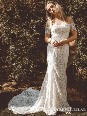 Off-The-Shoulder Charming Elegant Long Cheap Lace Mermaid Wedding Dresses, TYP0092