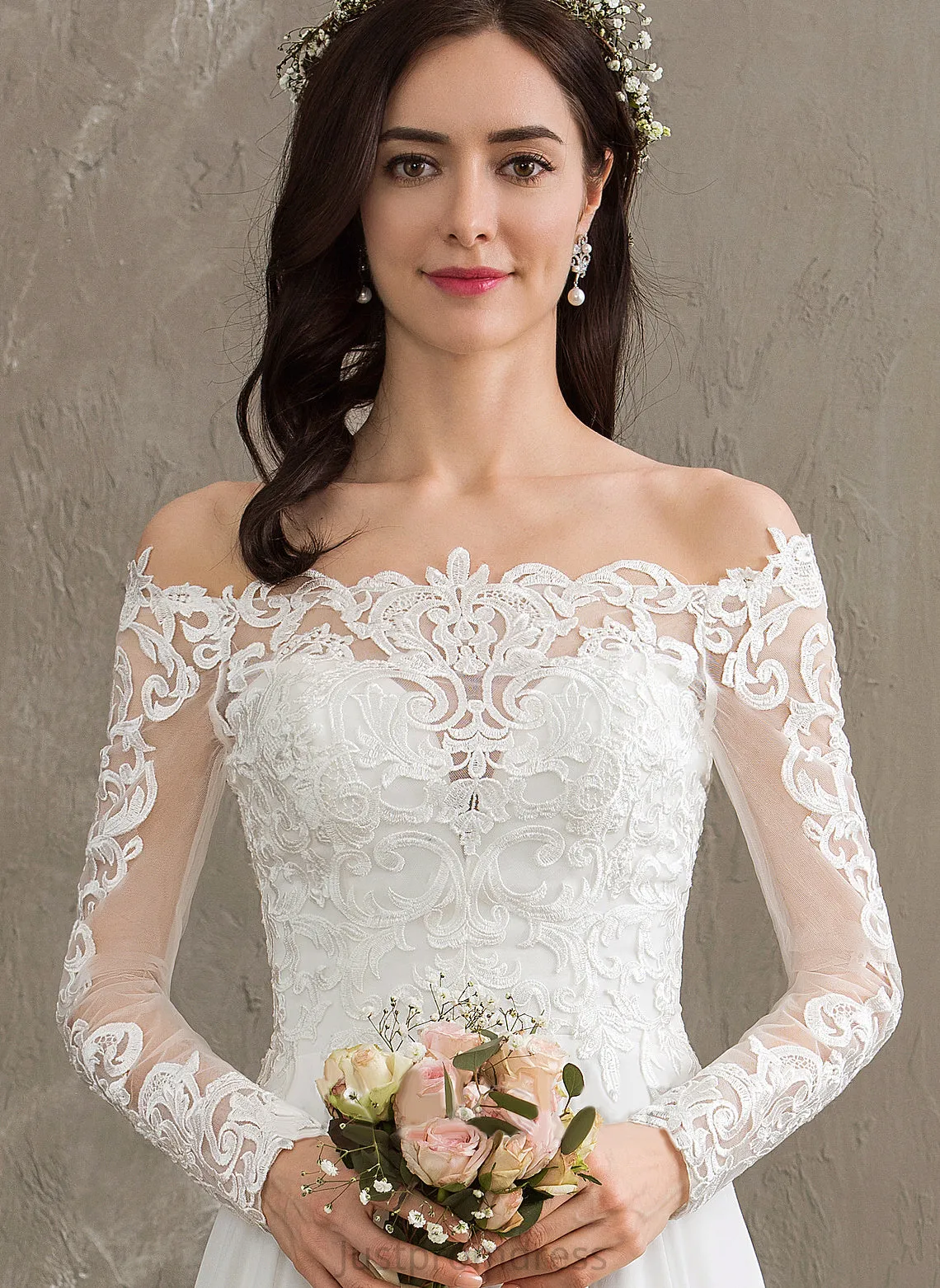 Off-the-Shoulder Floor-Length Chiffon Wedding Dresses Wedding Lace Dress Salma A-Line