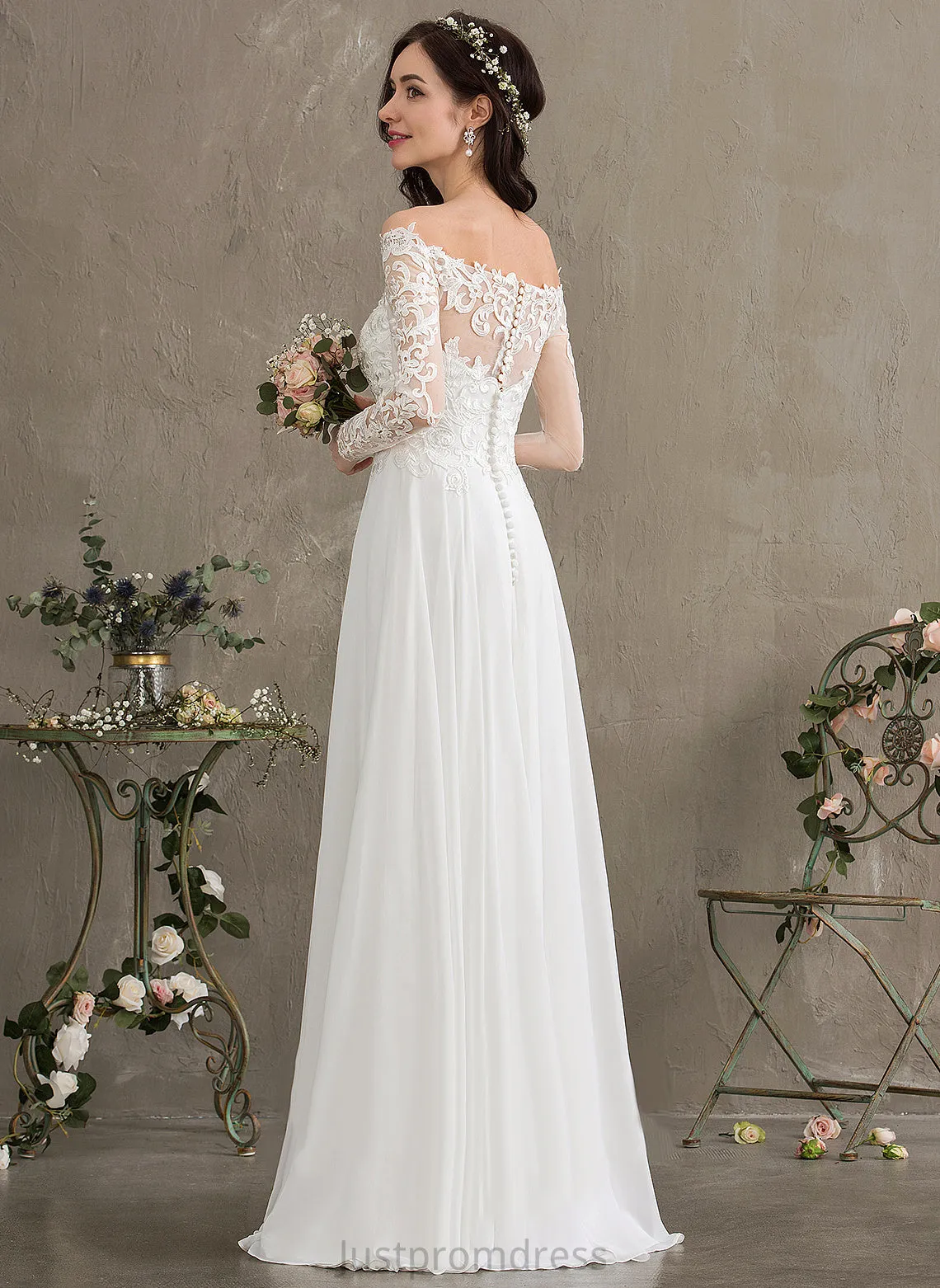 Off-the-Shoulder Floor-Length Chiffon Wedding Dresses Wedding Lace Dress Salma A-Line