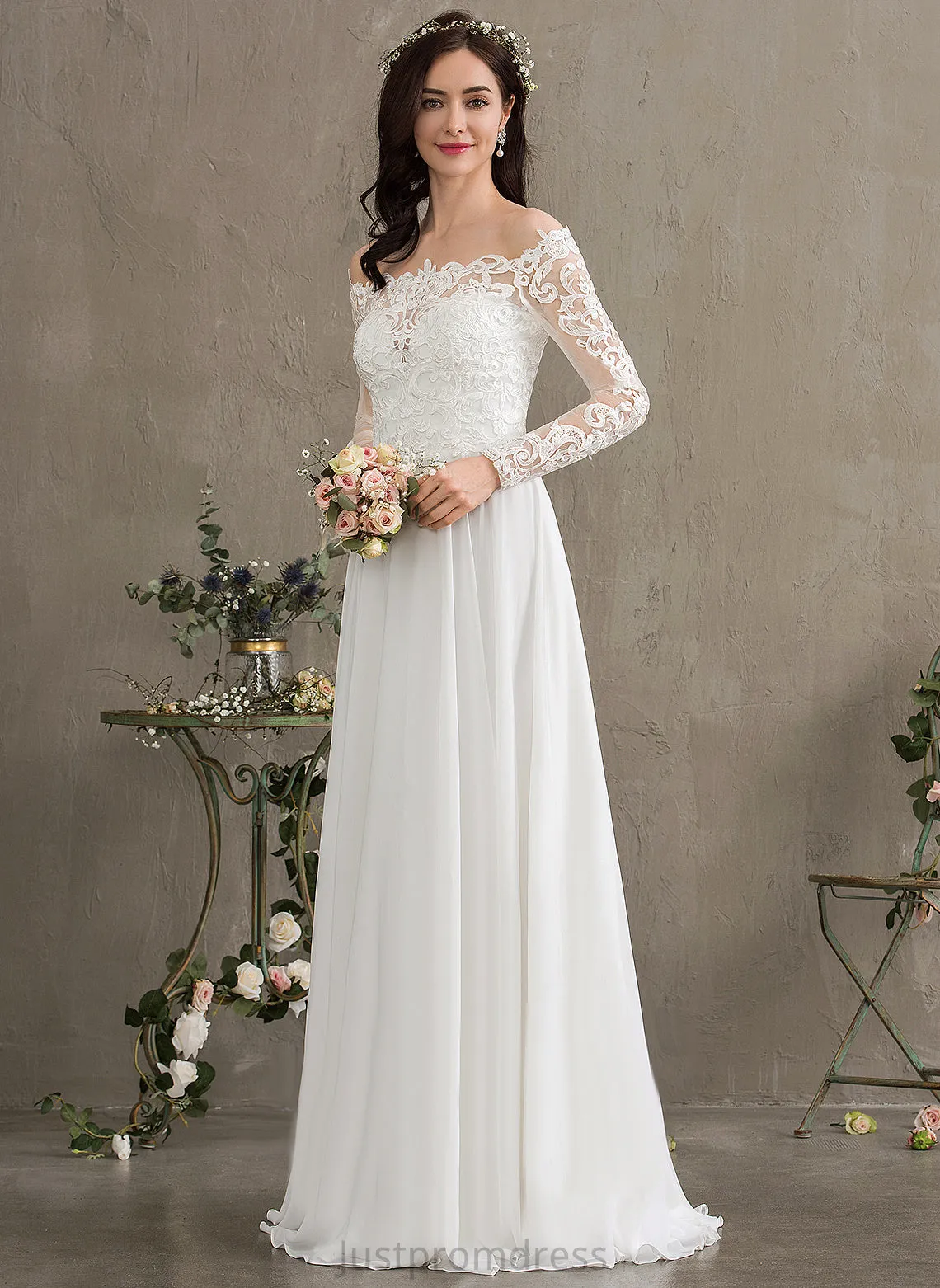 Off-the-Shoulder Floor-Length Chiffon Wedding Dresses Wedding Lace Dress Salma A-Line