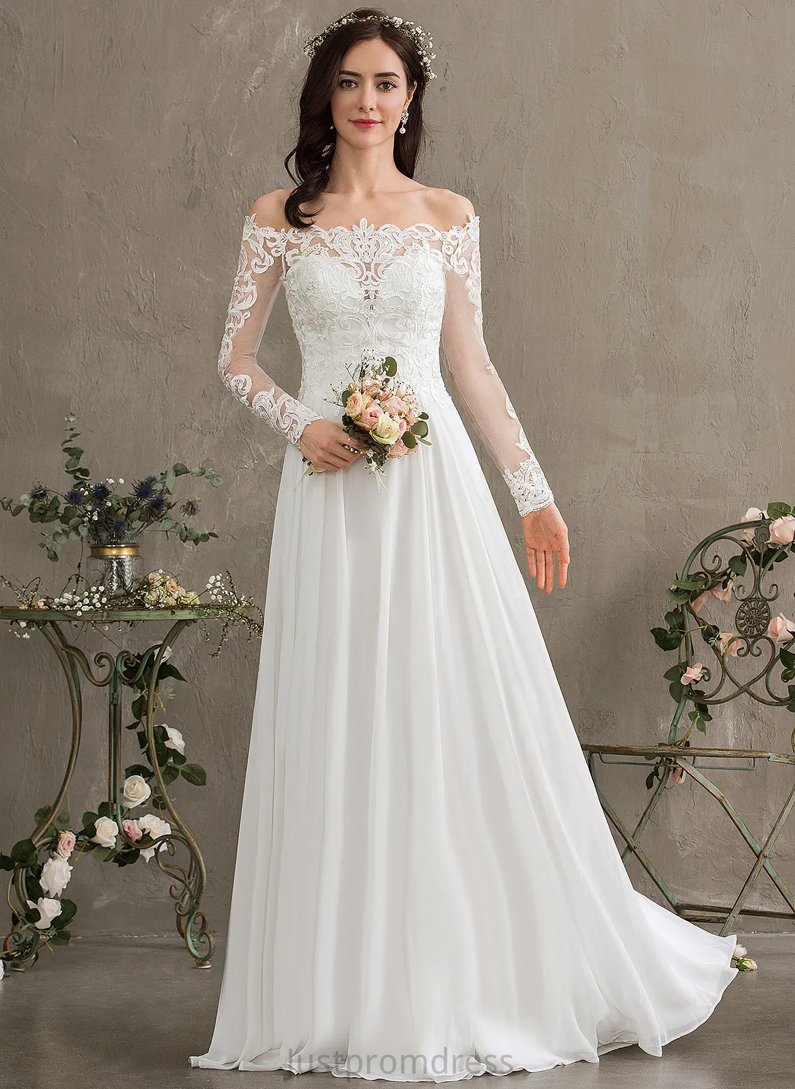 Off-the-Shoulder Floor-Length Chiffon Wedding Dresses Wedding Lace Dress Salma A-Line