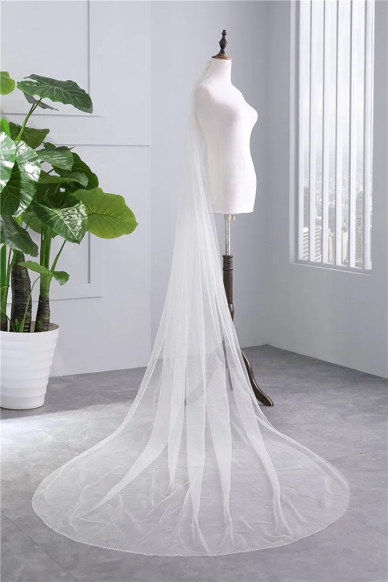 One-Tier Wedding Veil UK Tulle Beading Edge Chapel Veils TS91011