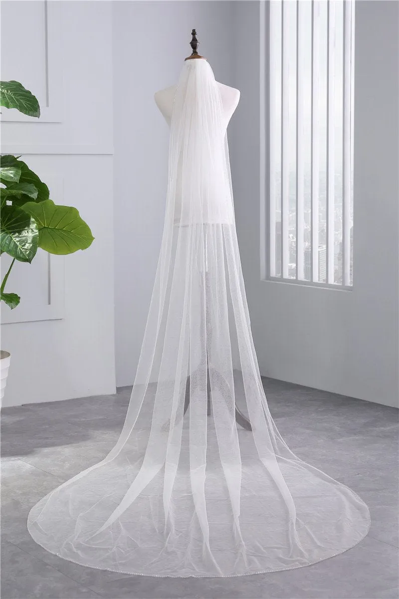 One-Tier Wedding Veil UK Tulle Beading Edge Chapel Veils TS91011