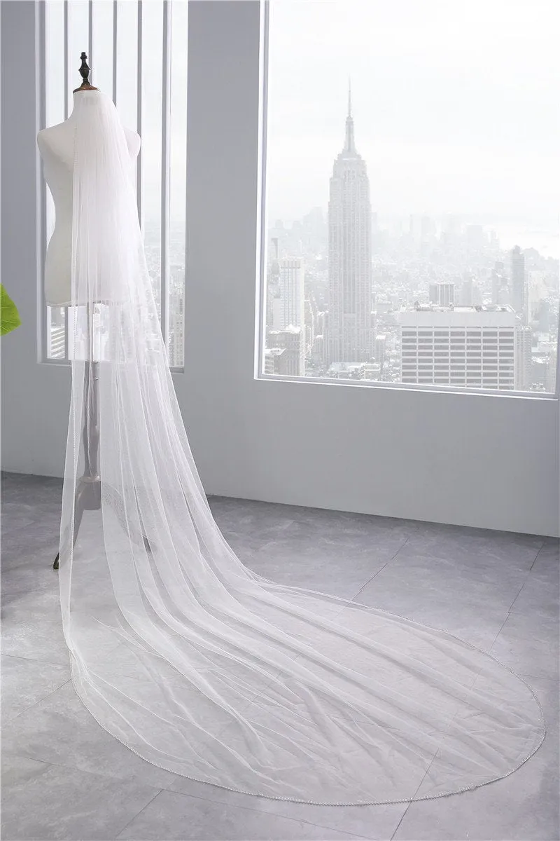 One-Tier Wedding Veil UK Tulle Beading Edge Chapel Veils TS91011