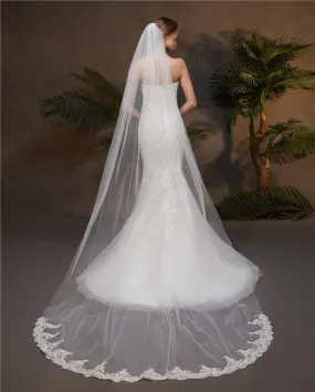 One-Tier Wedding Veil UK Tulle Lace Edge Chapel Veils Appliques TS91012