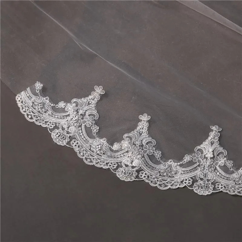 One-Tier Wedding Veil UK Tulle Lace Edge Chapel Veils Appliques TS91012