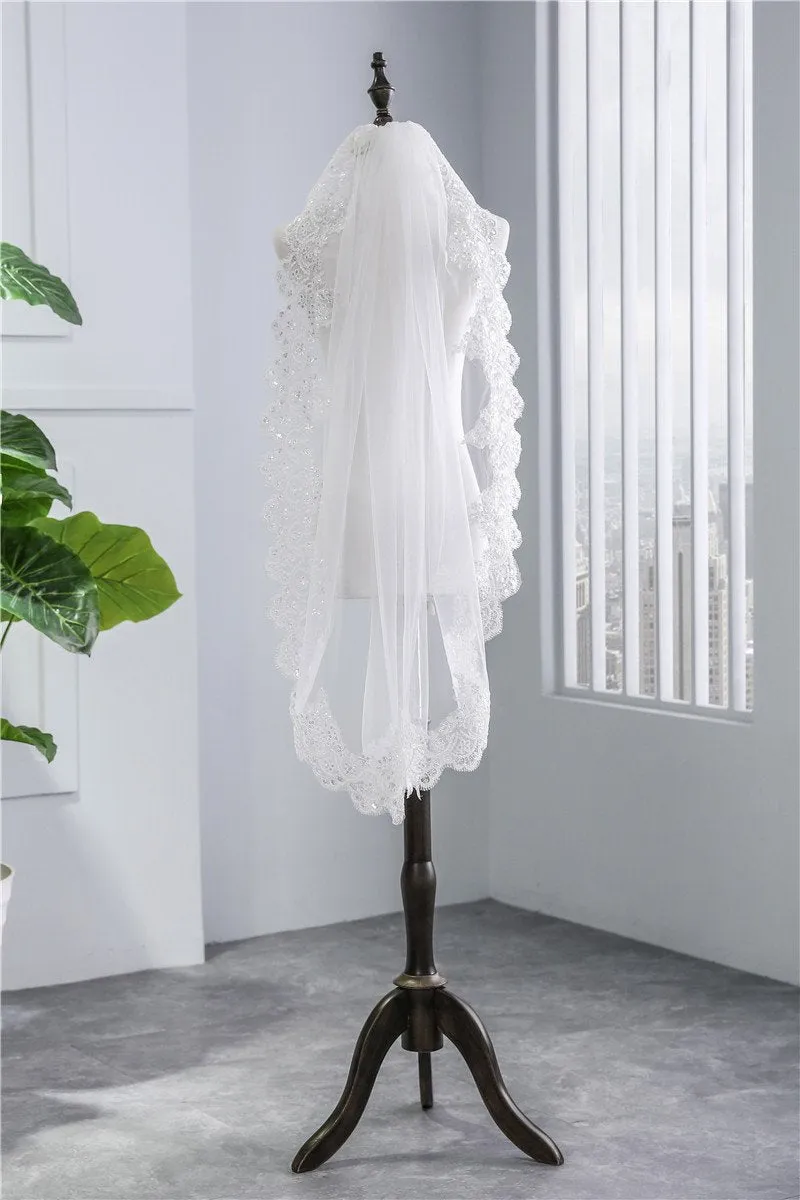 One-Tier Wedding Veil UK Tulle Lace Edge Elbow Bridal Veils Appliques TS91026