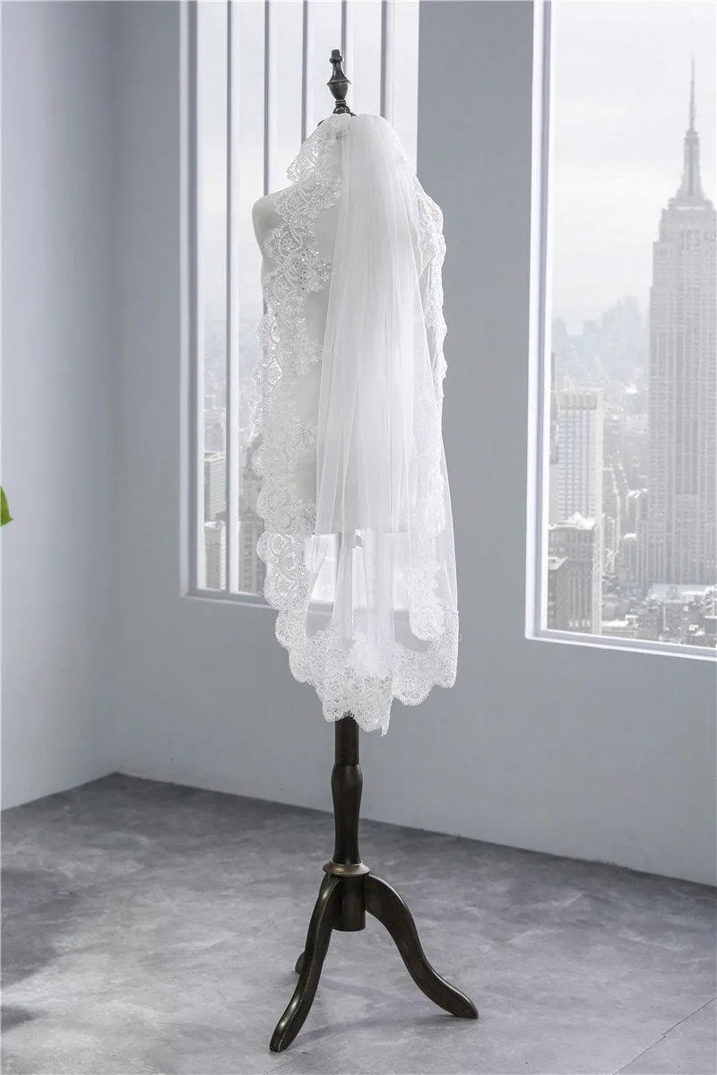 One-Tier Wedding Veil UK Tulle Lace Edge Elbow Bridal Veils Appliques TS91026
