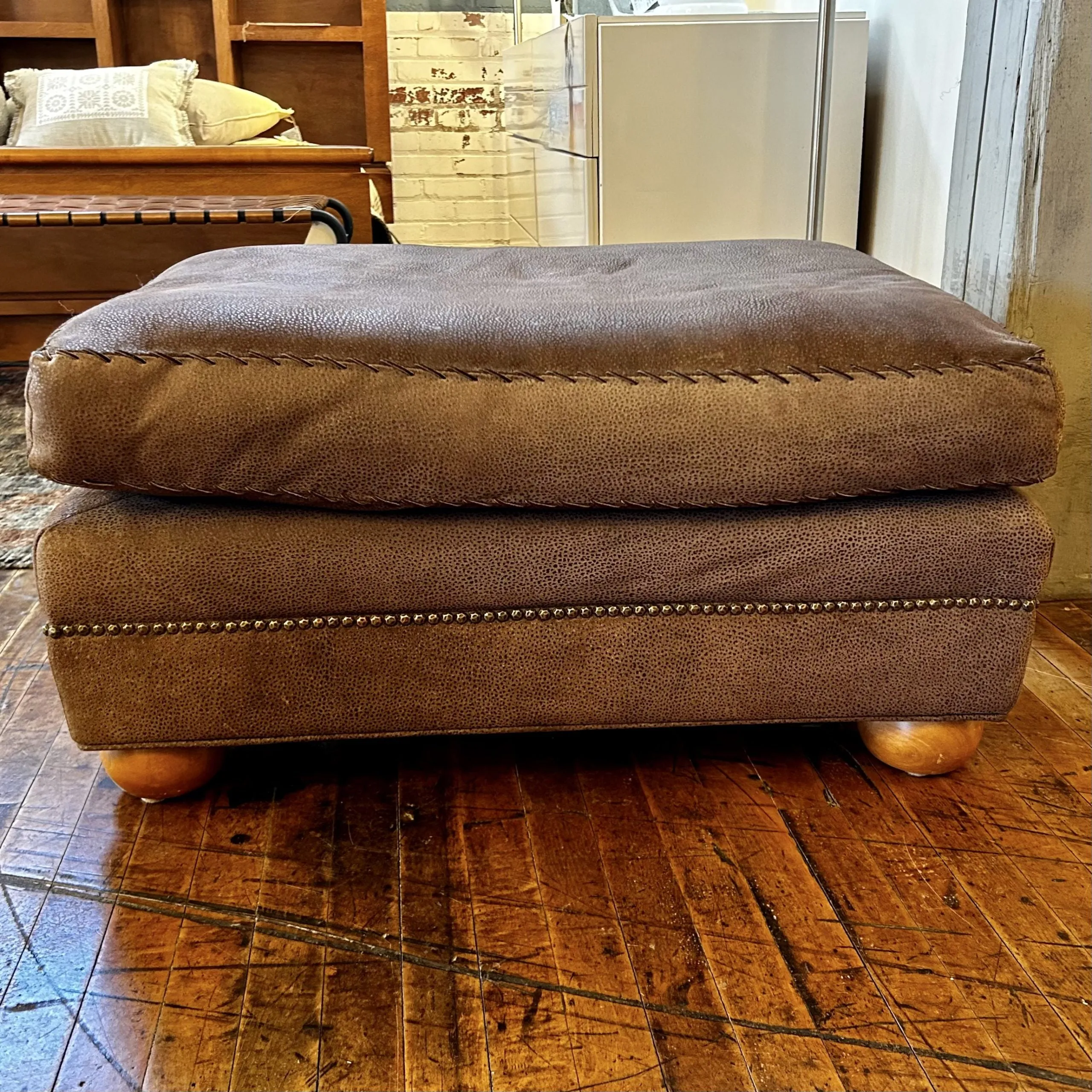 Ottoman, Pigskin, Rectangle, Western Style, Gray-Brown