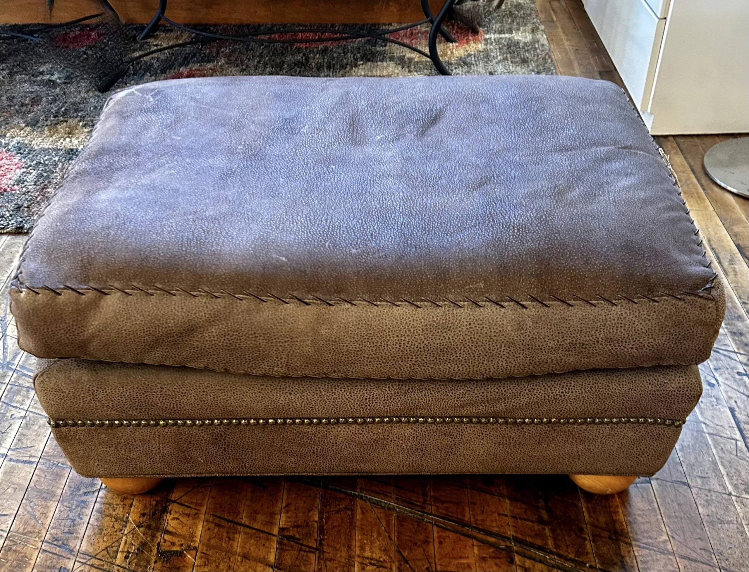 Ottoman, Pigskin, Rectangle, Western Style, Gray-Brown