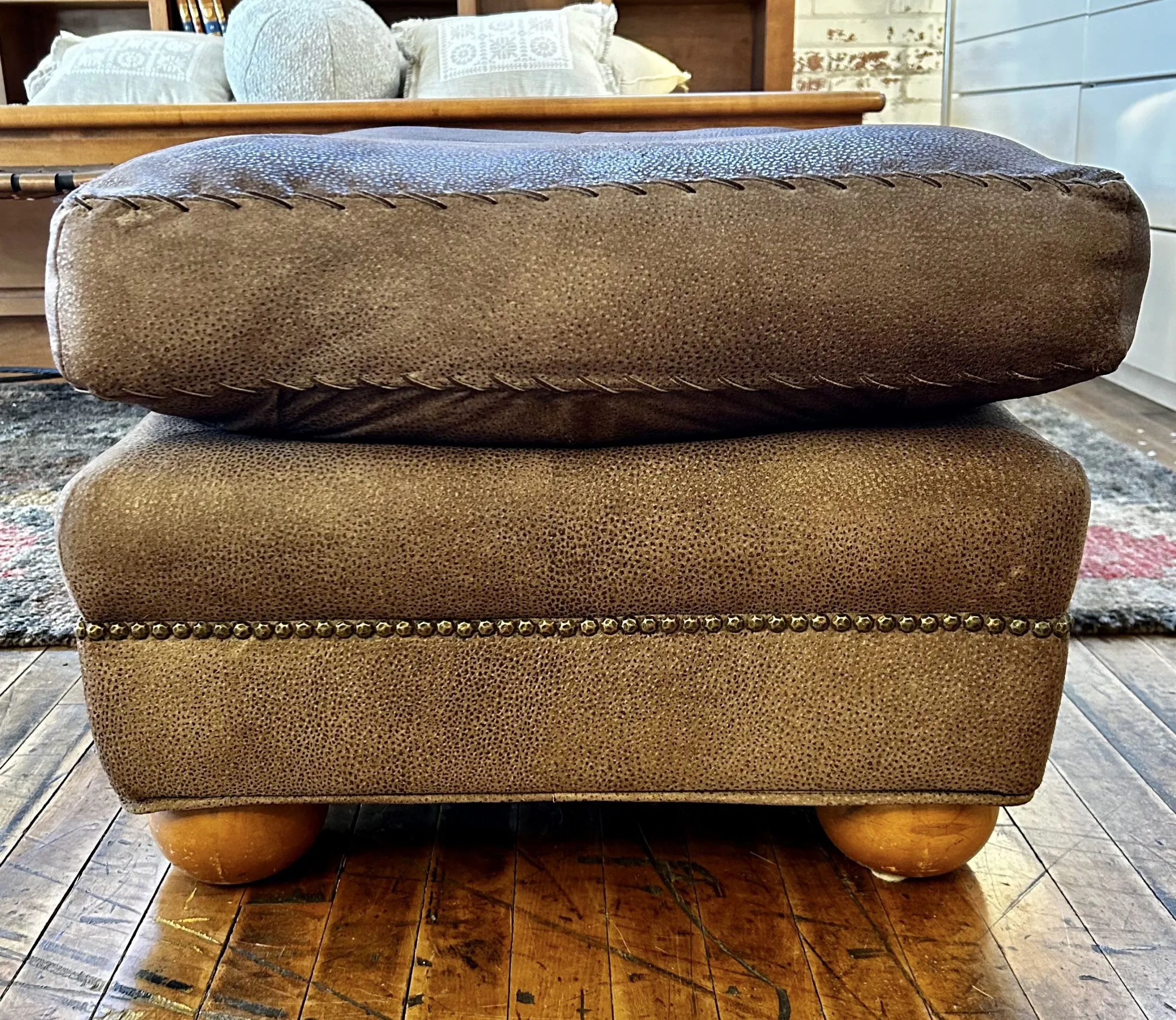 Ottoman, Pigskin, Rectangle, Western Style, Gray-Brown