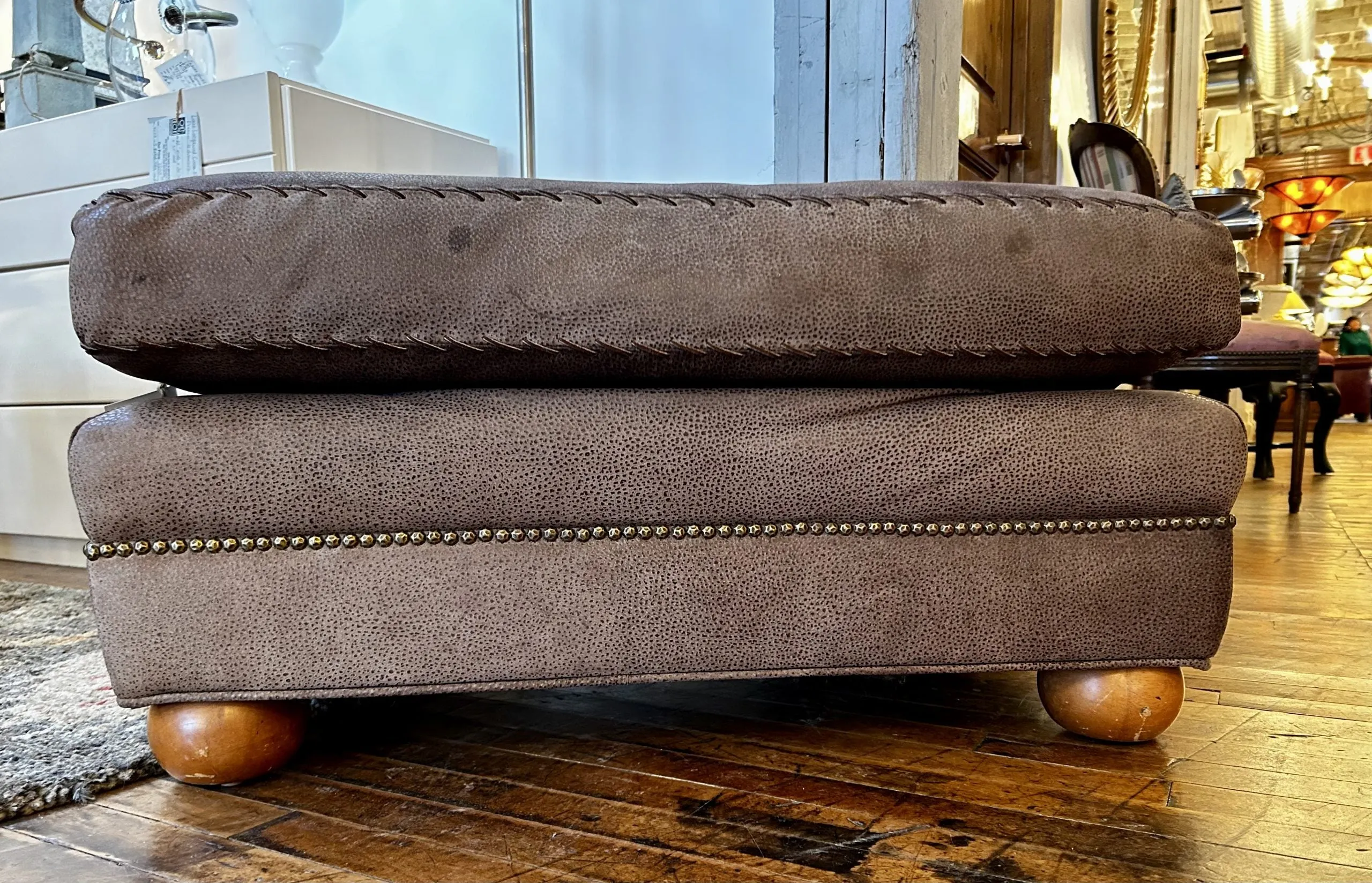Ottoman, Pigskin, Rectangle, Western Style, Gray-Brown