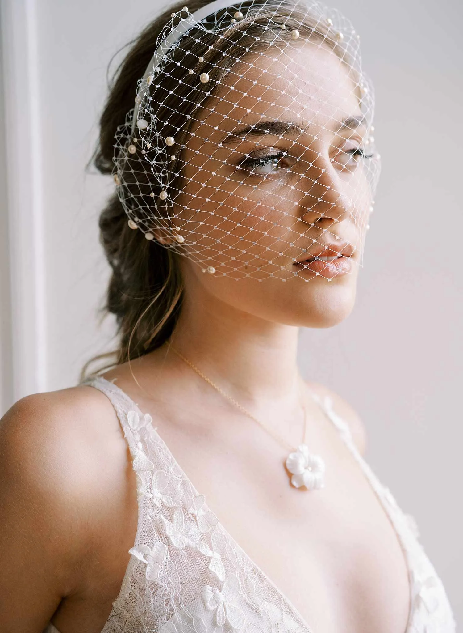 Pearl adorned birdcage headband veil - Style #2444