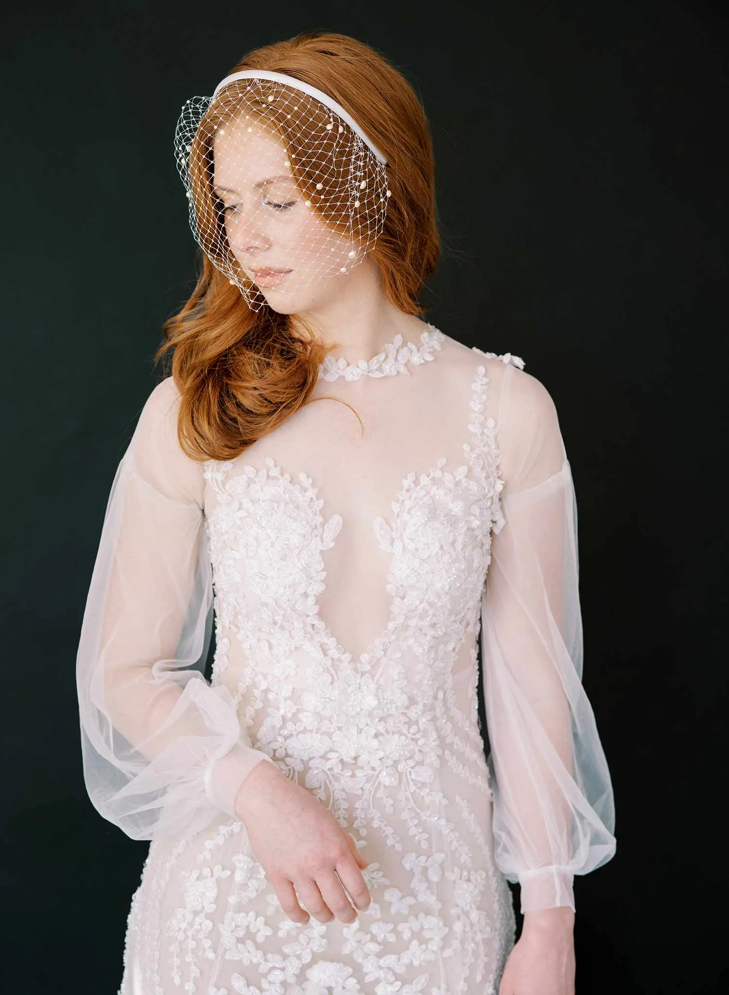 Pearl adorned birdcage headband veil - Style #2444