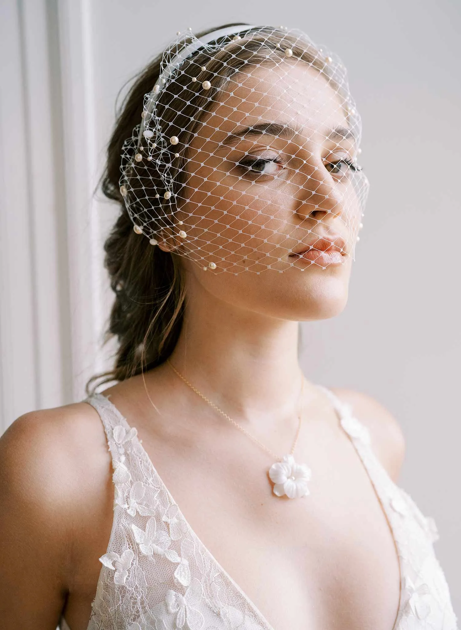 Pearl adorned birdcage headband veil - Style #2444