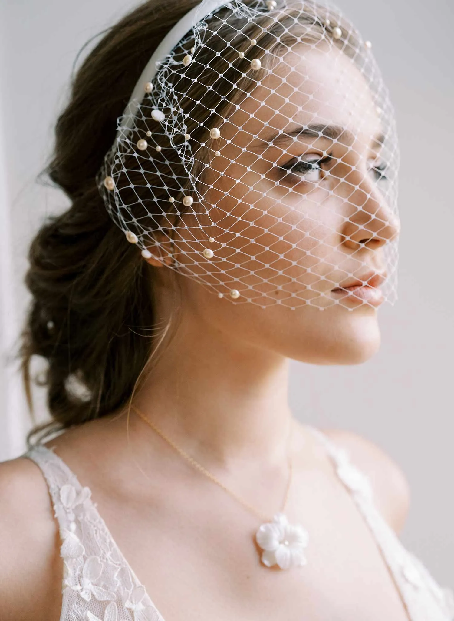 Pearl adorned birdcage headband veil - Style #2444
