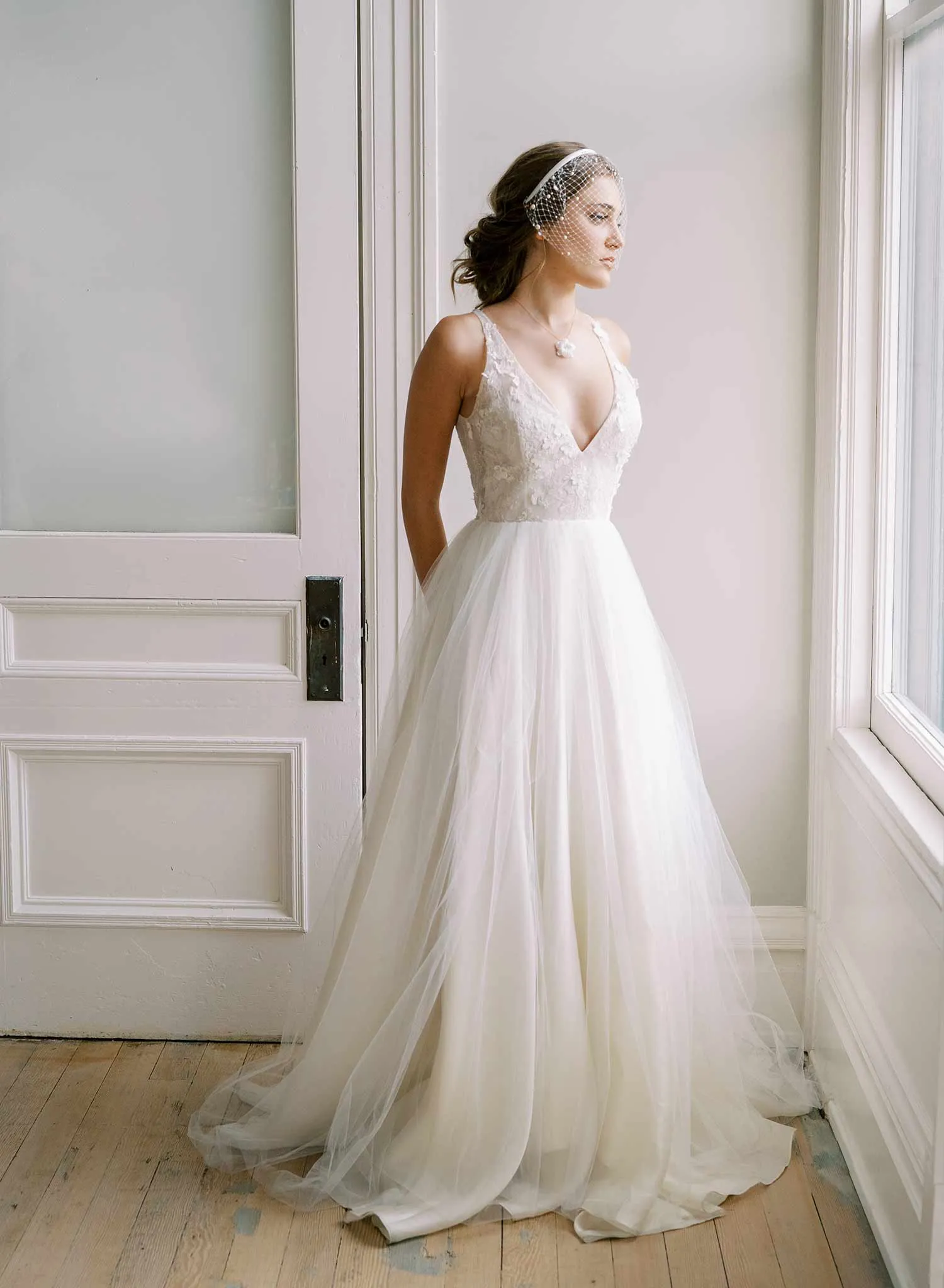 Pearl adorned birdcage headband veil - Style #2444