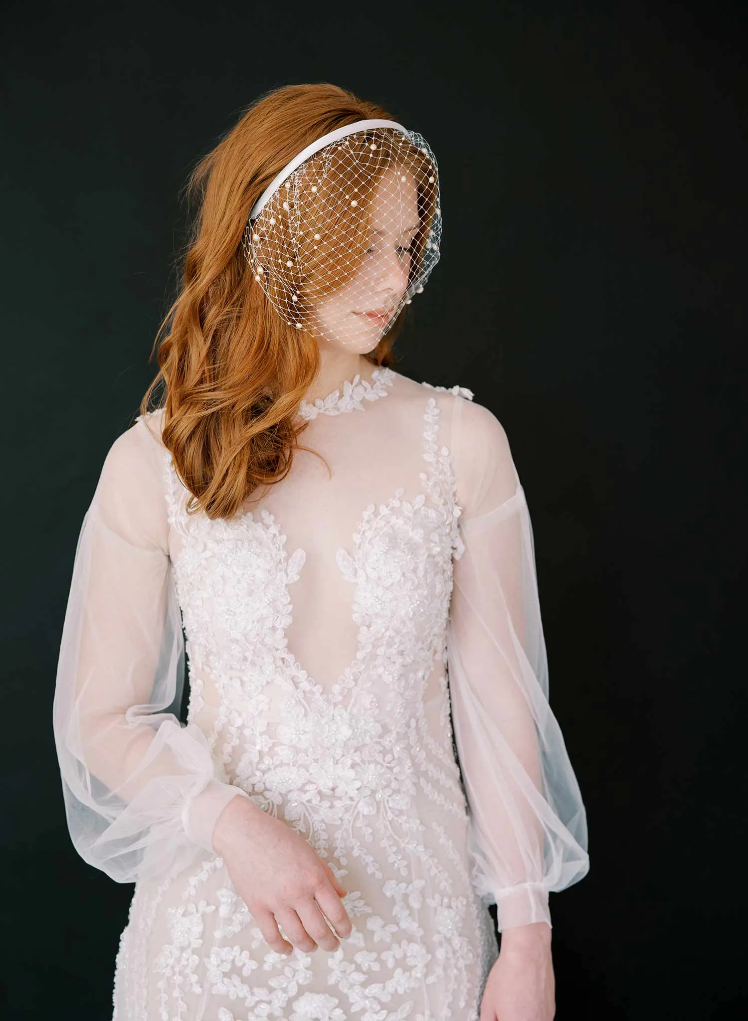 Pearl adorned birdcage headband veil - Style #2444