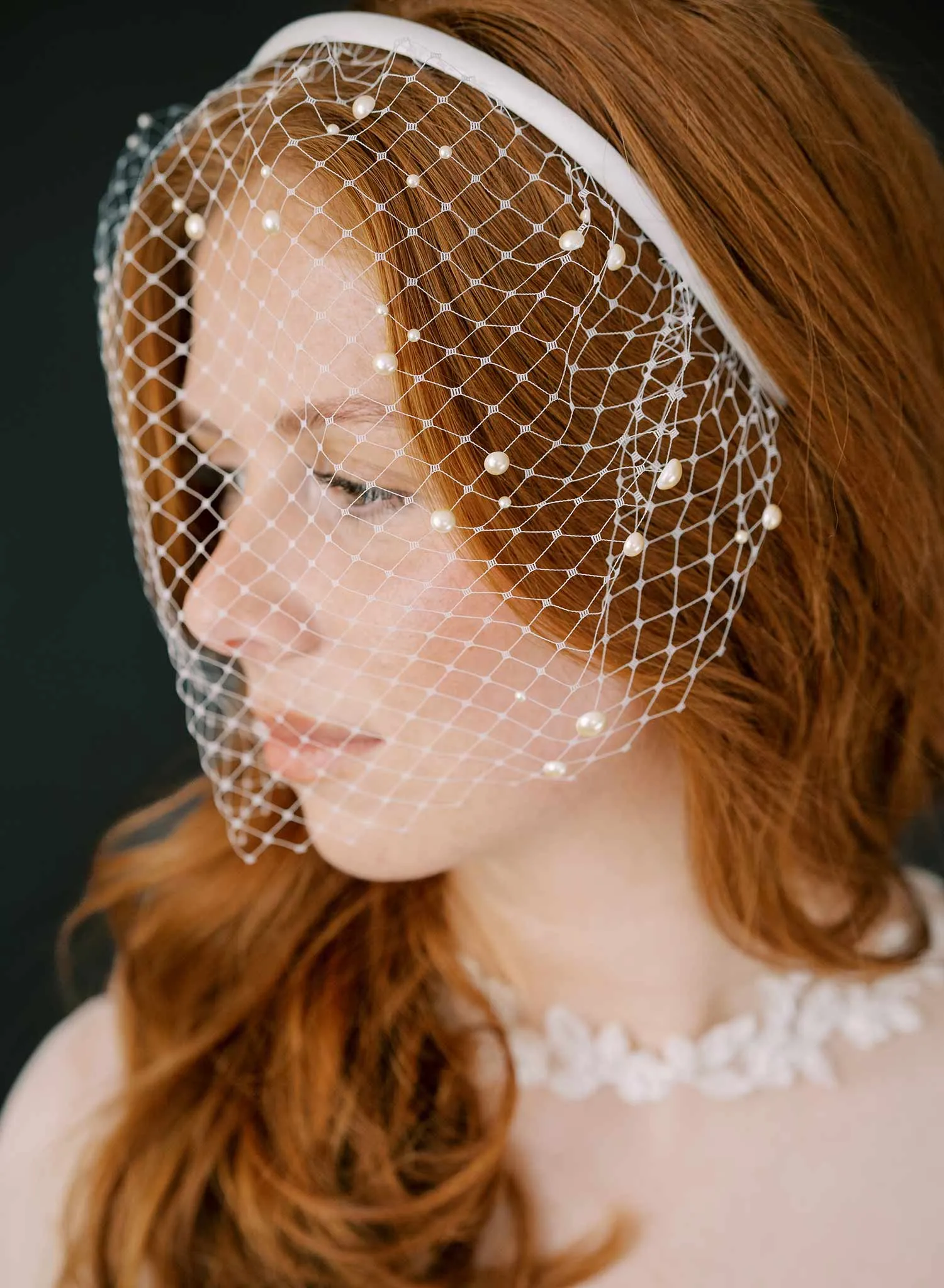 Pearl adorned birdcage headband veil - Style #2444