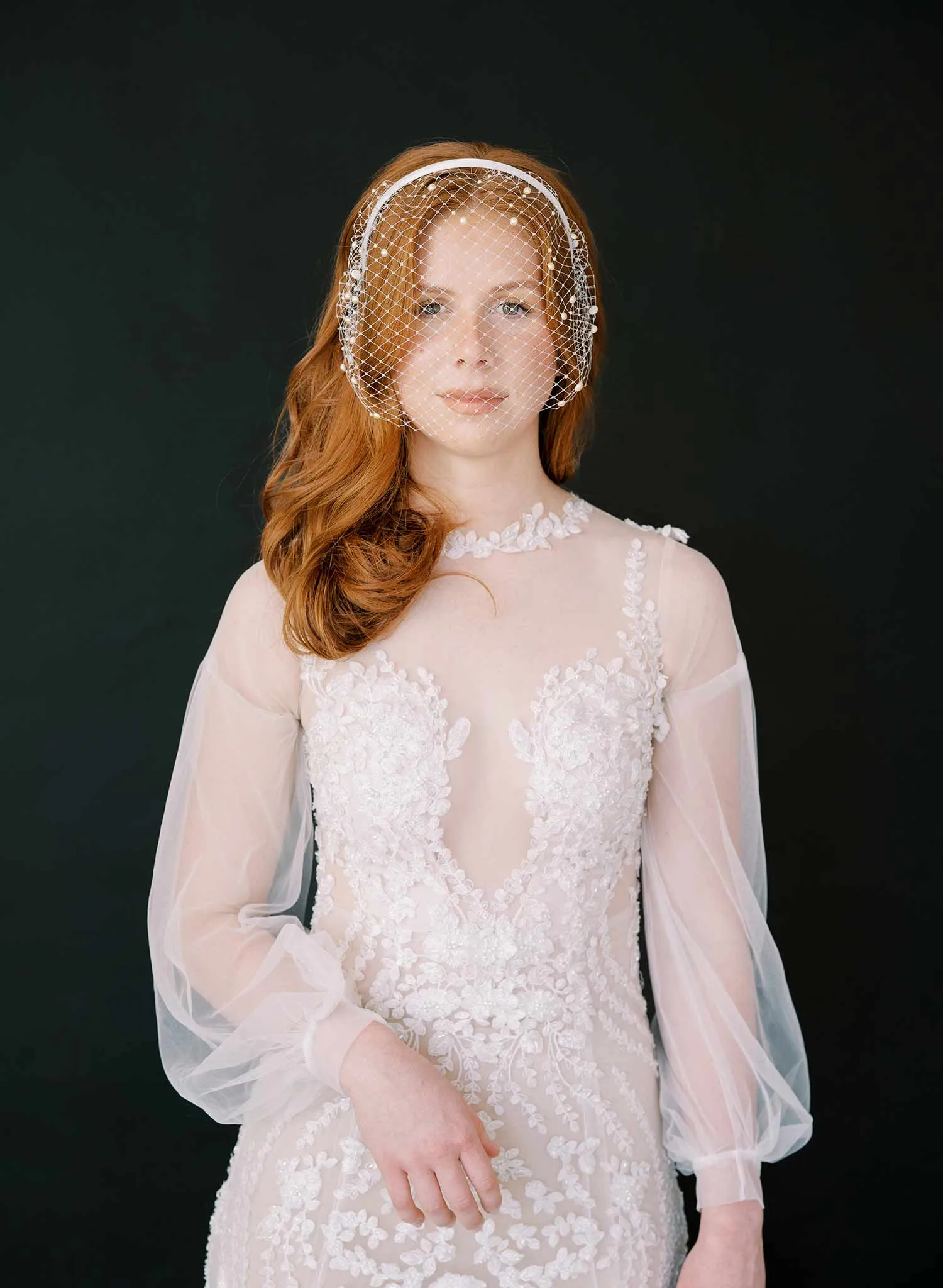 Pearl adorned birdcage headband veil - Style #2444