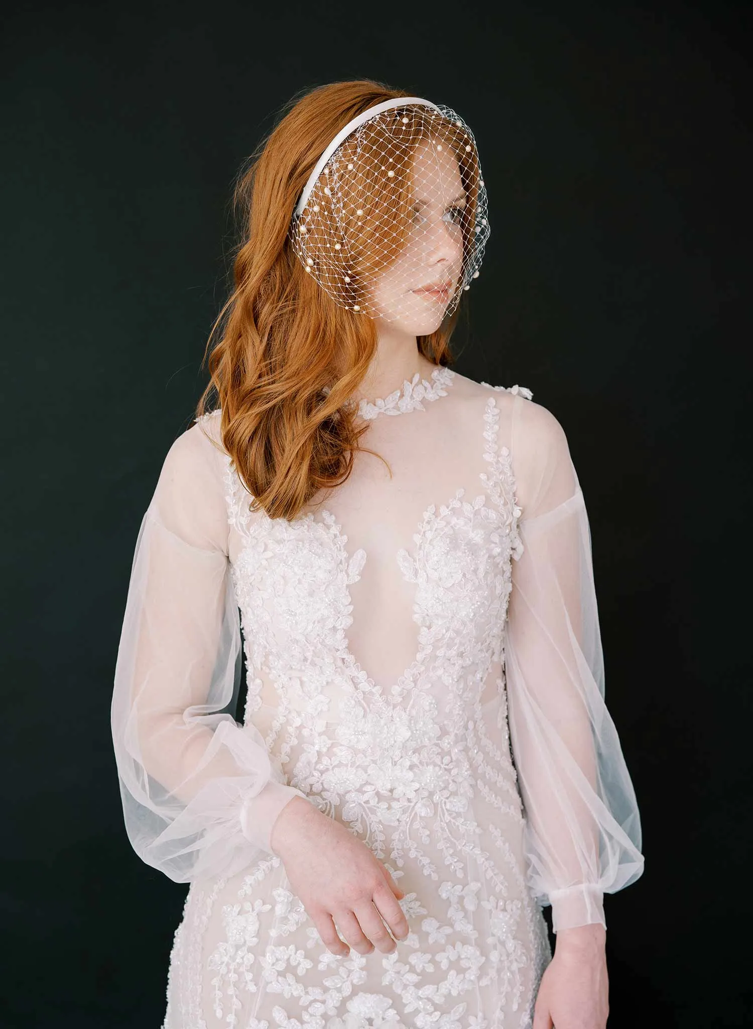 Pearl adorned birdcage headband veil - Style #2444
