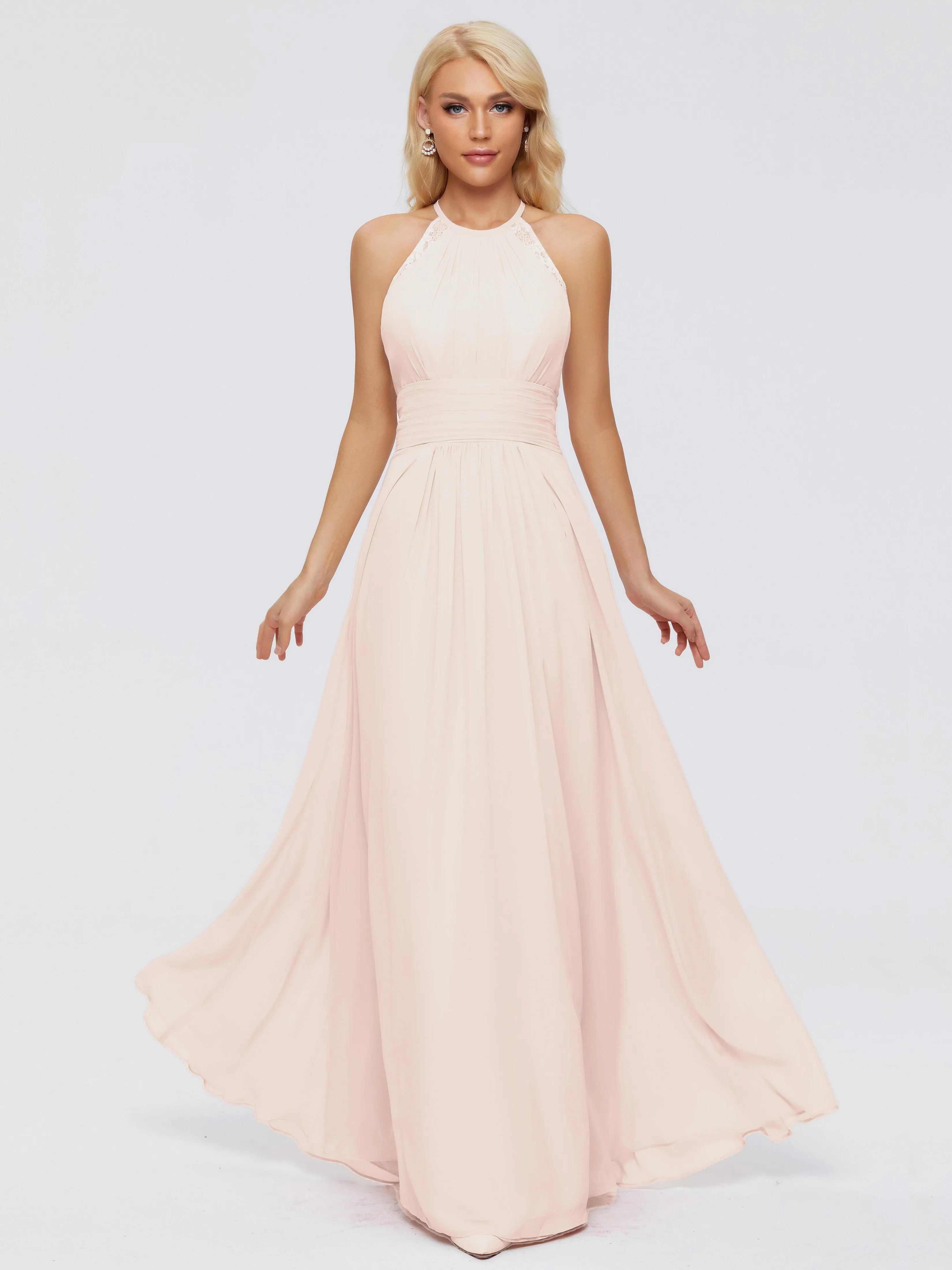 Pearl Pink Bridesmaids Dresses Arya Long Bridesmaid Dresses Chiffon Sleeveless Halter Top Bridesmaid Dresses