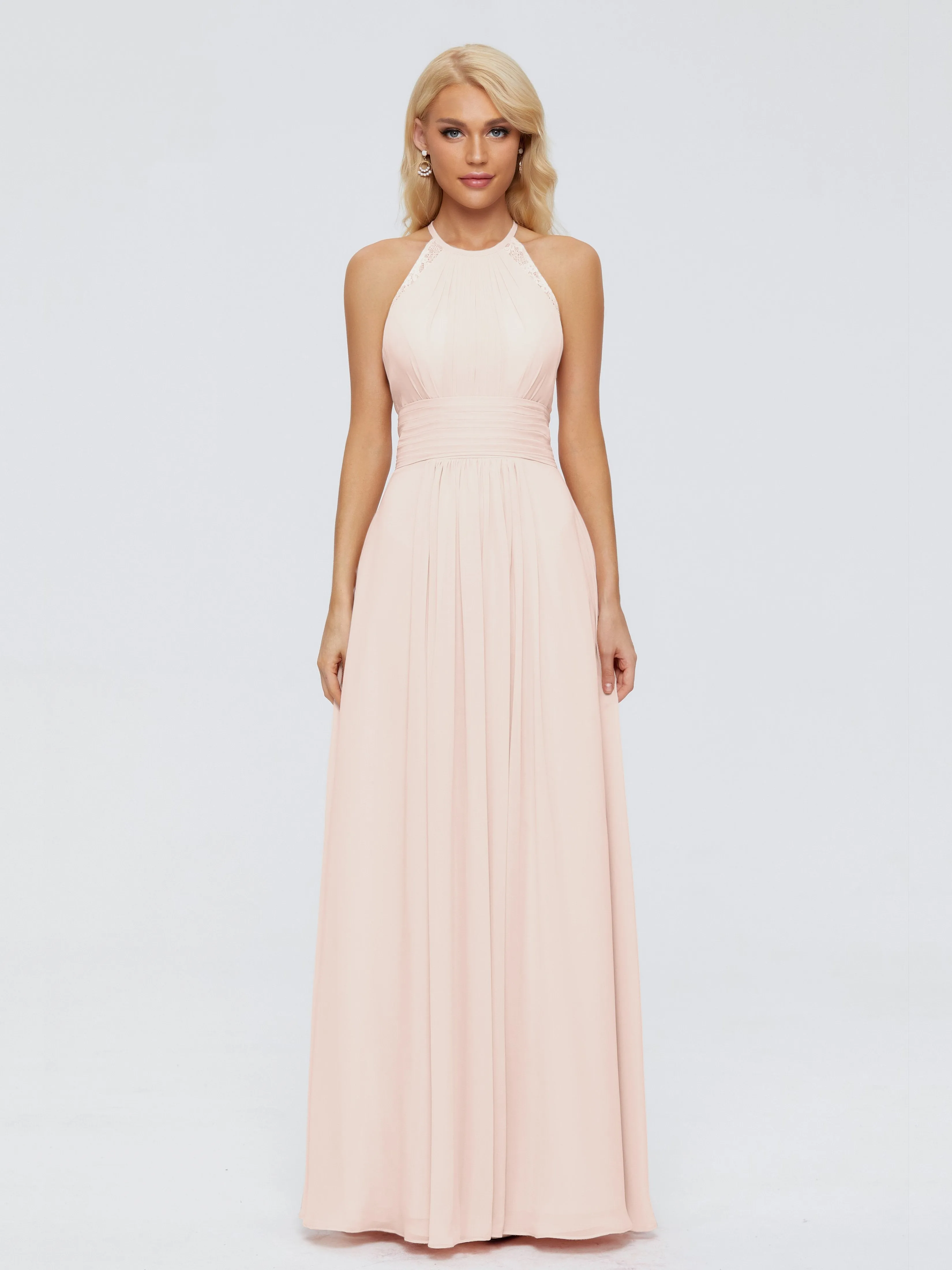 Pearl Pink Bridesmaids Dresses Arya Long Bridesmaid Dresses Chiffon Sleeveless Halter Top Bridesmaid Dresses