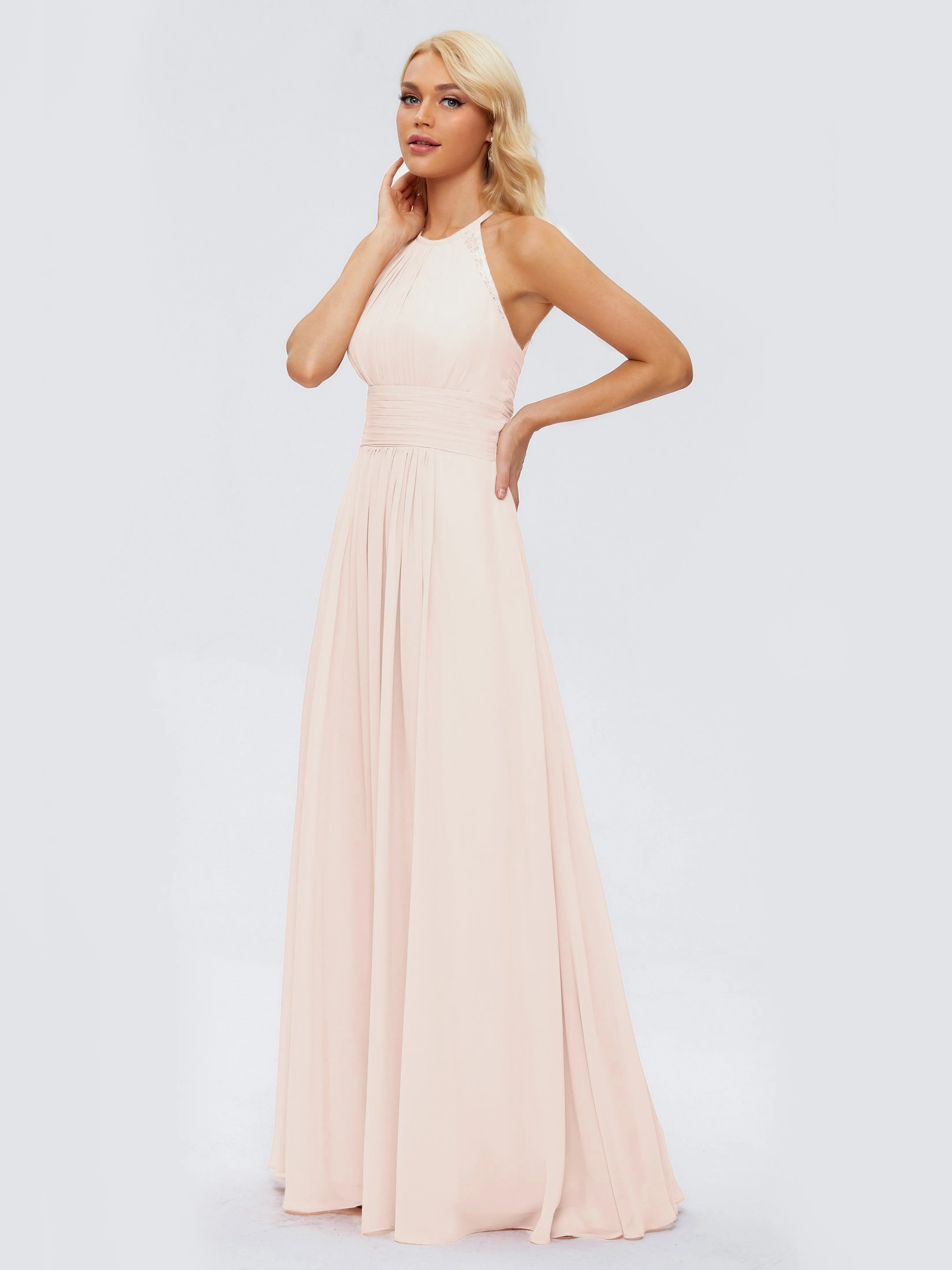 Pearl Pink Bridesmaids Dresses Arya Long Bridesmaid Dresses Chiffon Sleeveless Halter Top Bridesmaid Dresses