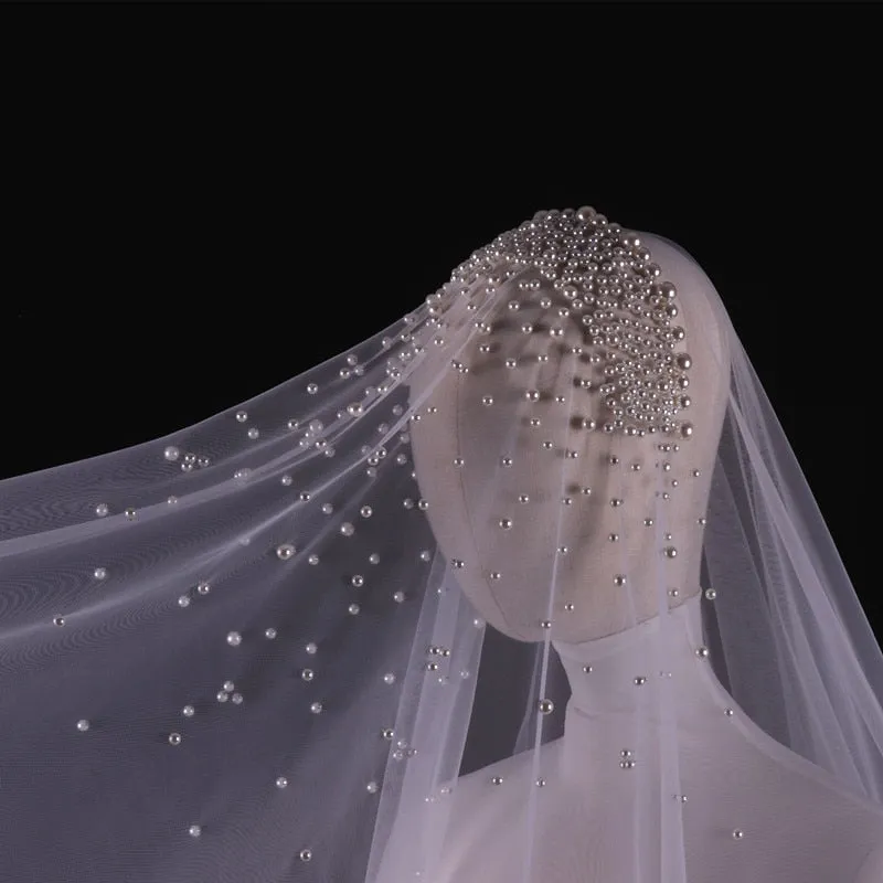 Pearls Long Wedding Veil Tulle White Bridal Veil Elegant Luxurious Beaded Bride