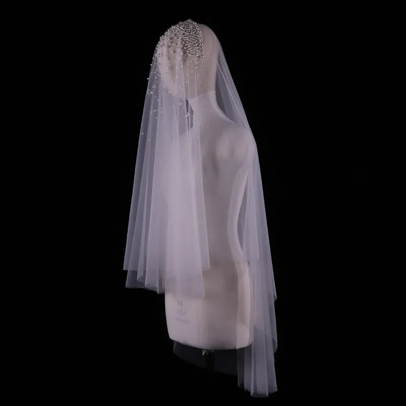 Pearls Long Wedding Veil Tulle White Bridal Veil Elegant Luxurious Beaded Bride