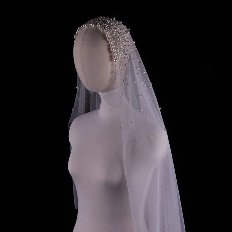 Pearls Long Wedding Veil Tulle White Bridal Veil Elegant Luxurious Beaded Bride