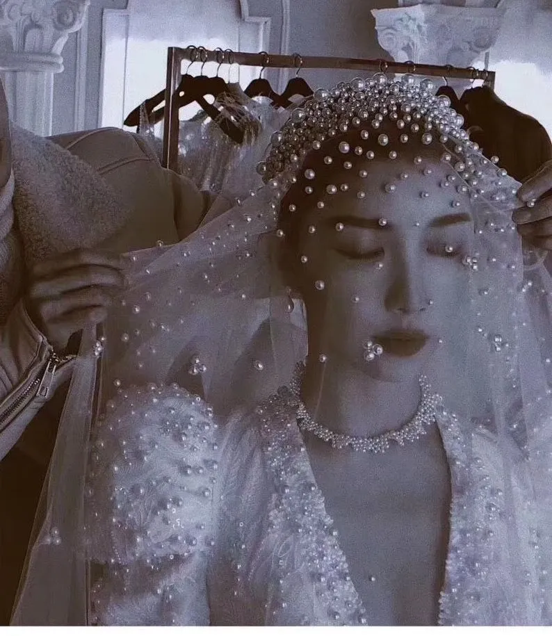 Pearls Long Wedding Veil Tulle White Bridal Veil Elegant Luxurious Beaded Bride