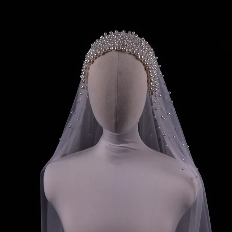 Pearls Long Wedding Veil Tulle White Bridal Veil Elegant Luxurious Beaded Bride