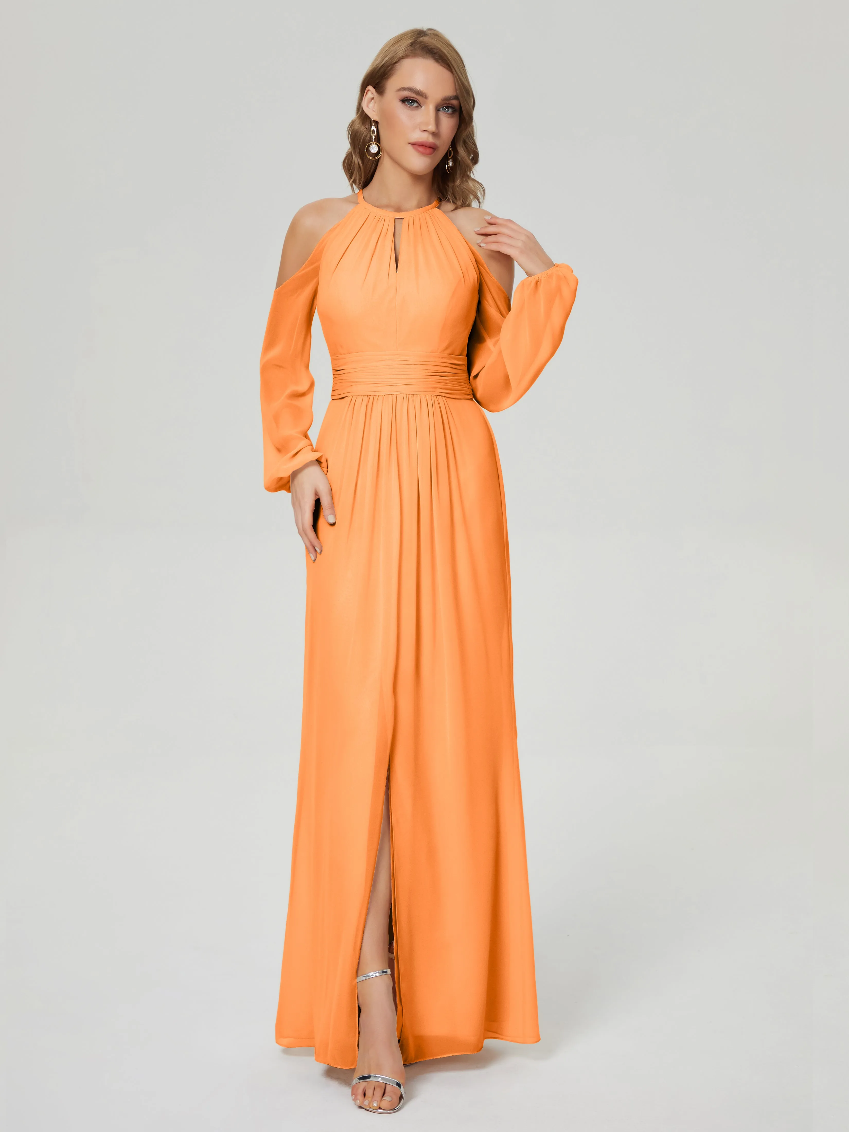 Phoebe Halter Long Sleeves Chiffon Bridesmaid Dresses