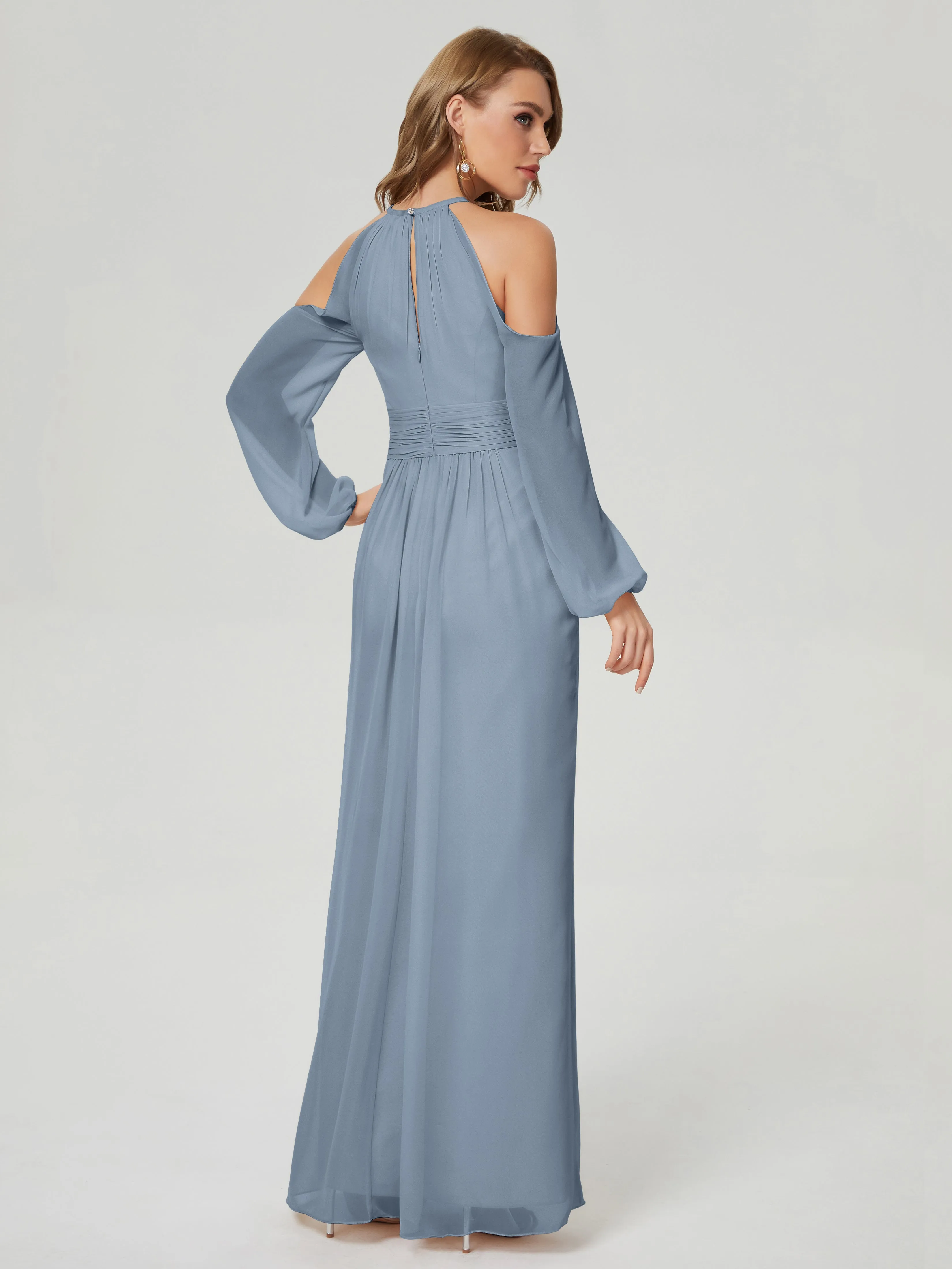 Phoebe Halter Long Sleeves Chiffon Bridesmaid Dresses