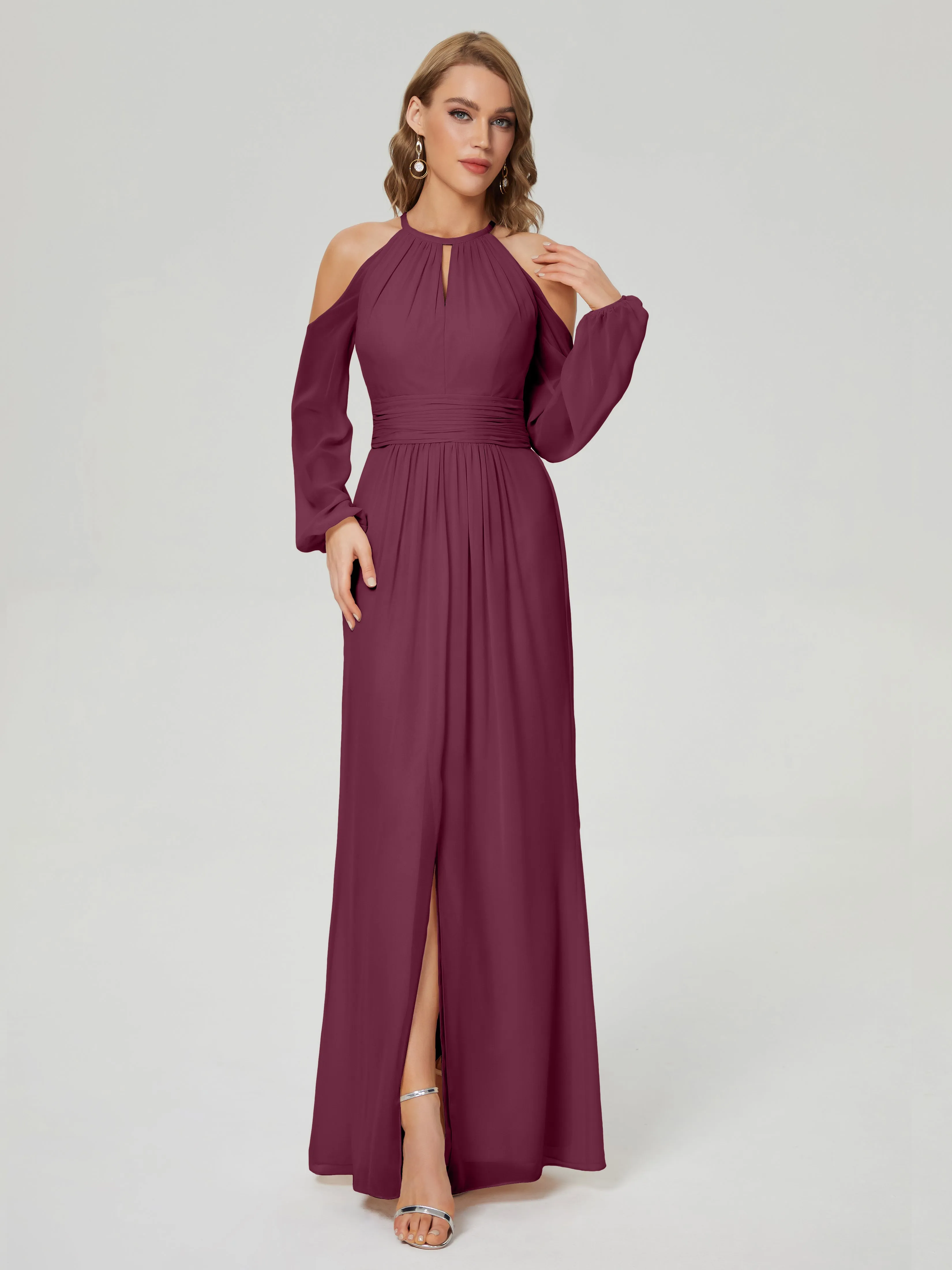 Phoebe Halter Long Sleeves Chiffon Bridesmaid Dresses