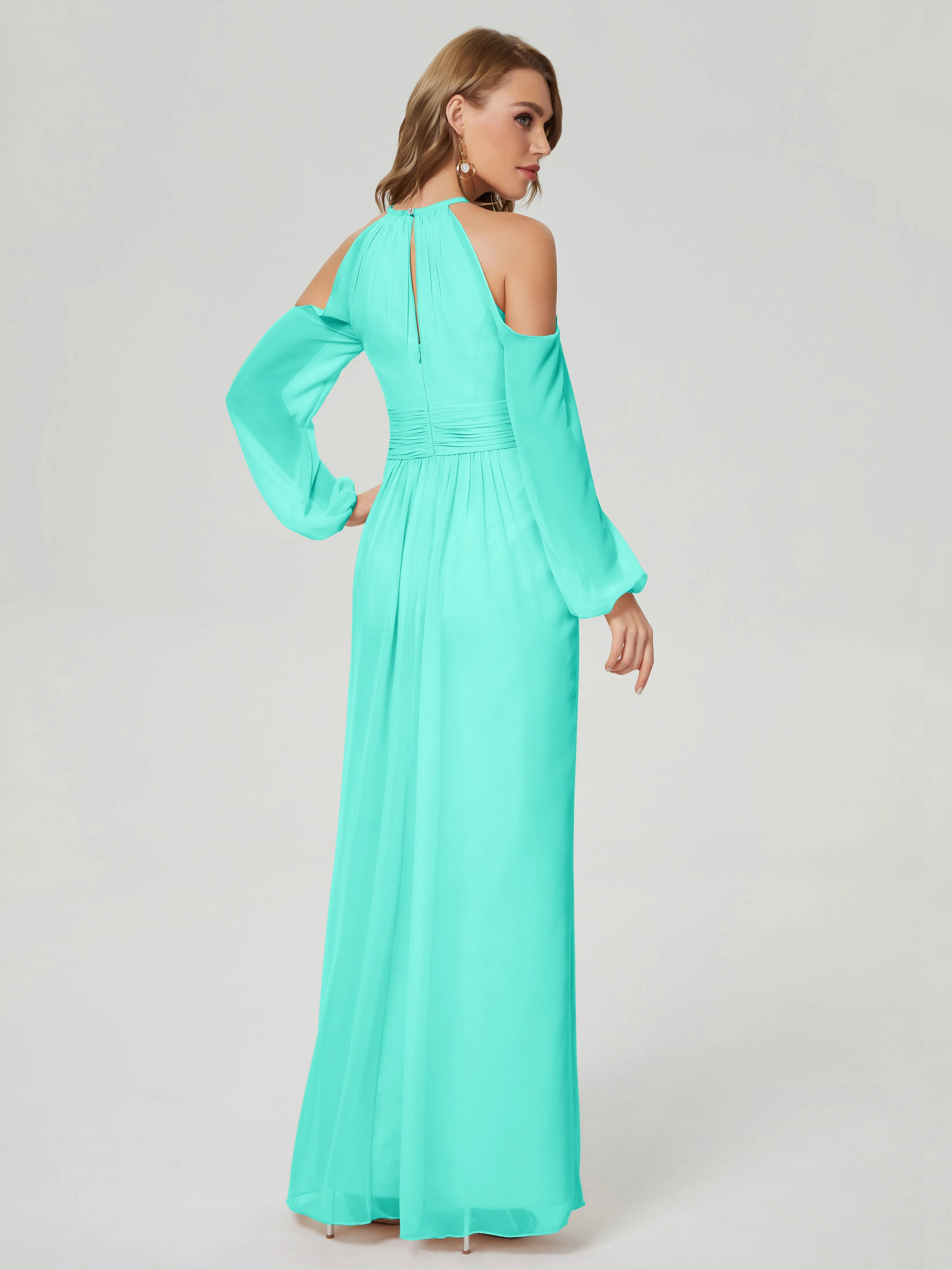 Phoebe Halter Long Sleeves Chiffon Bridesmaid Dresses