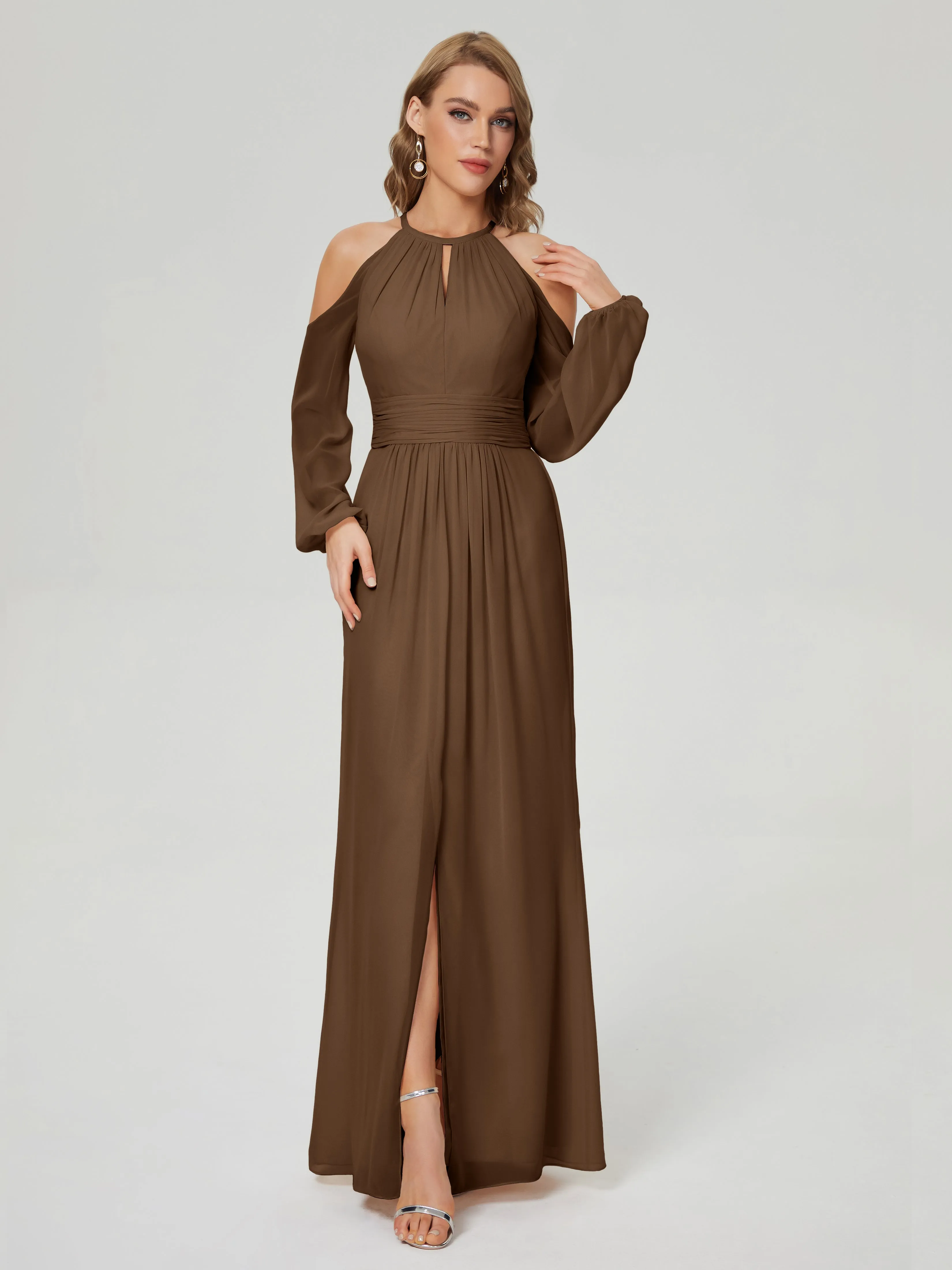 Phoebe Halter Long Sleeves Chiffon Bridesmaid Dresses