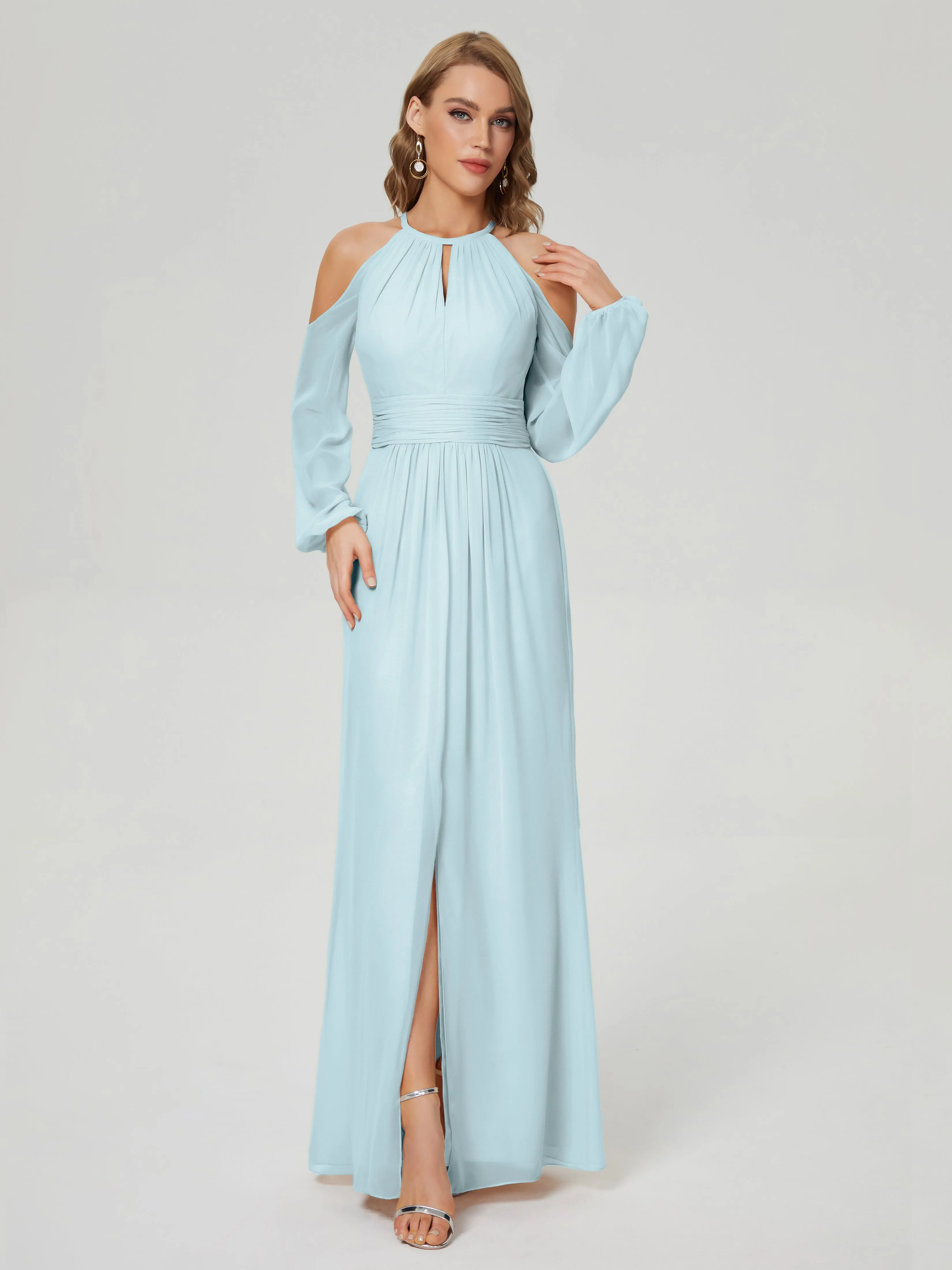 Phoebe Halter Long Sleeves Chiffon Bridesmaid Dresses