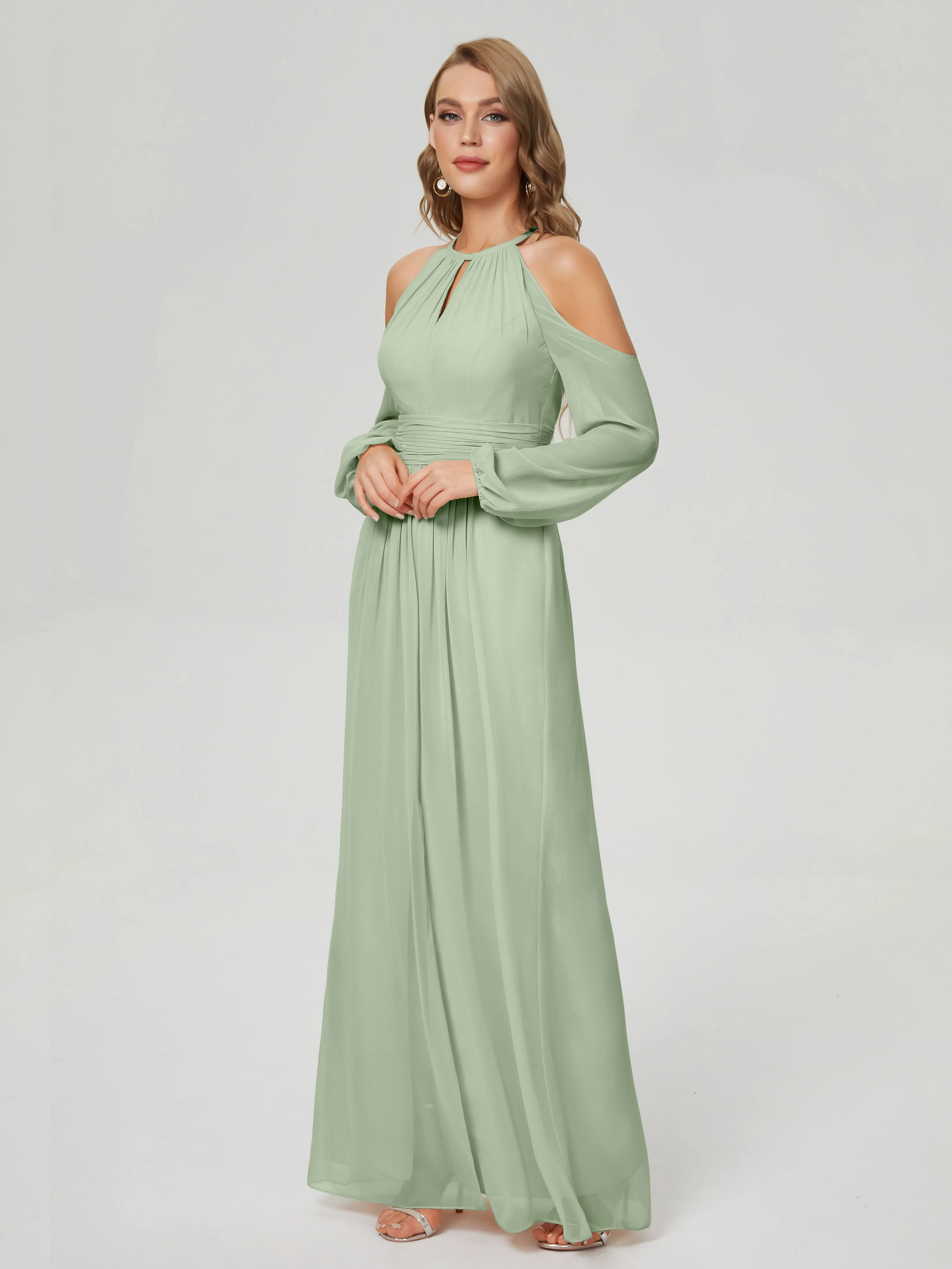 Phoebe Halter Long Sleeves Chiffon Bridesmaid Dresses