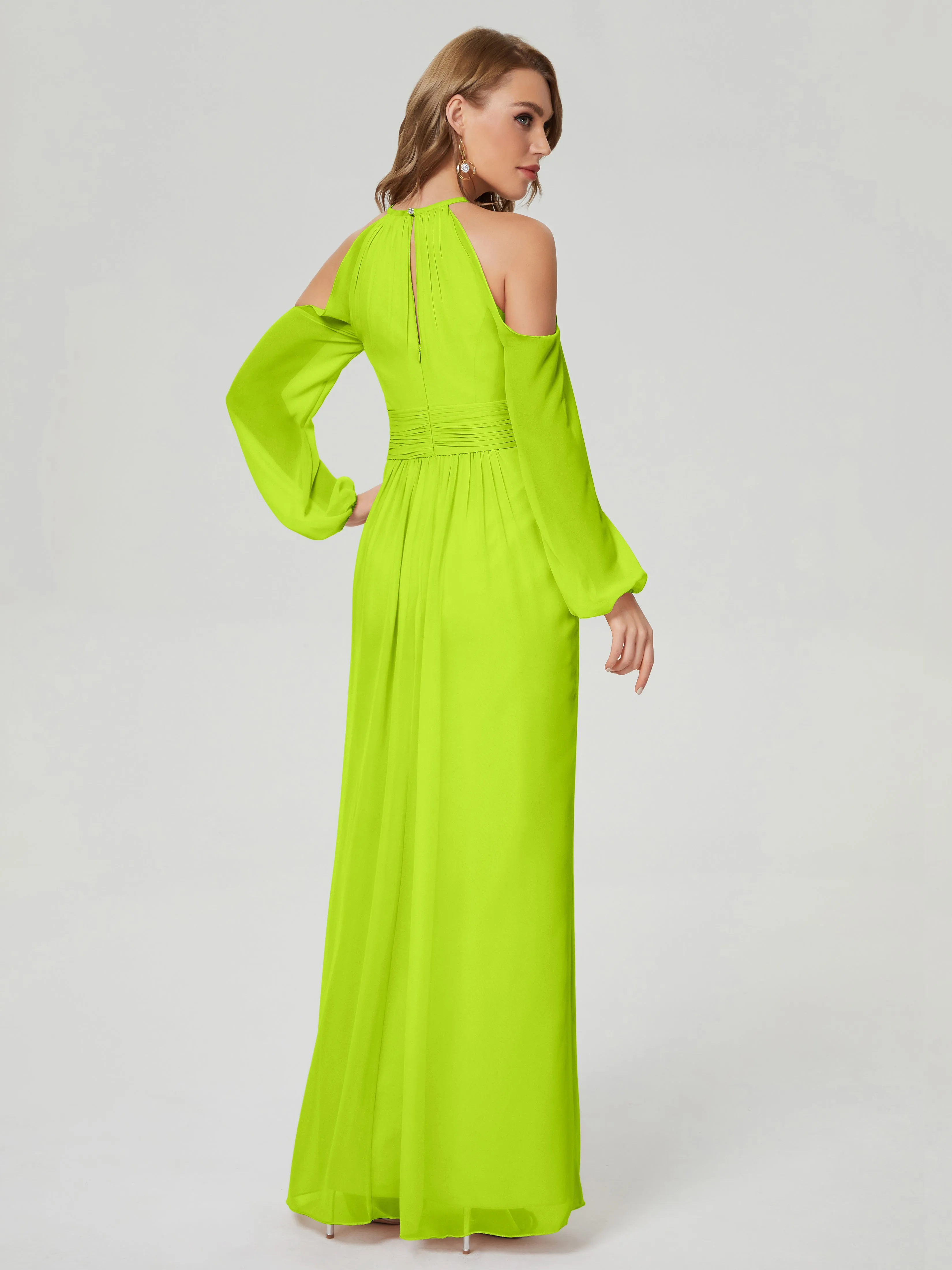 Phoebe Halter Long Sleeves Chiffon Bridesmaid Dresses