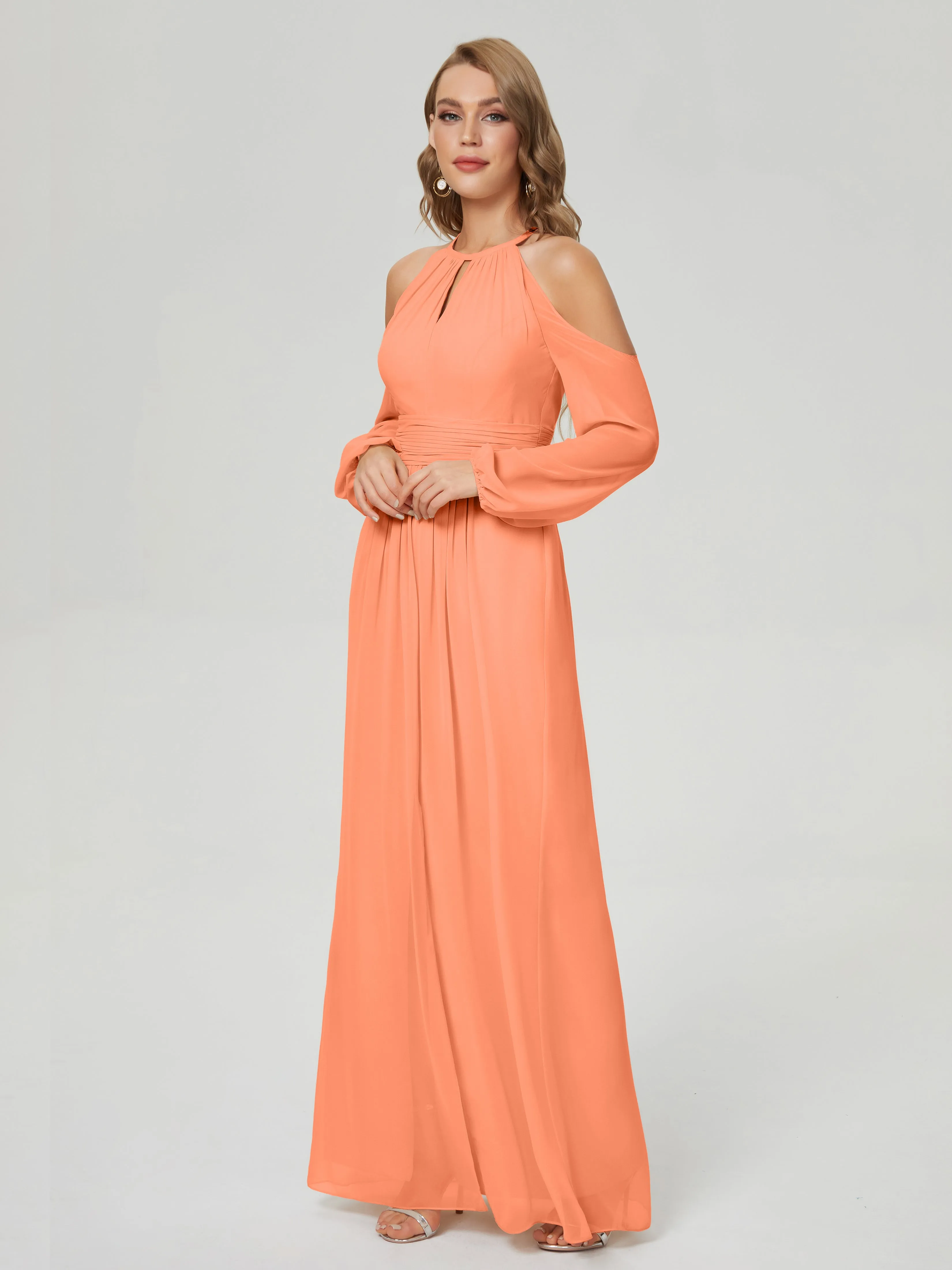 Phoebe Halter Long Sleeves Chiffon Bridesmaid Dresses