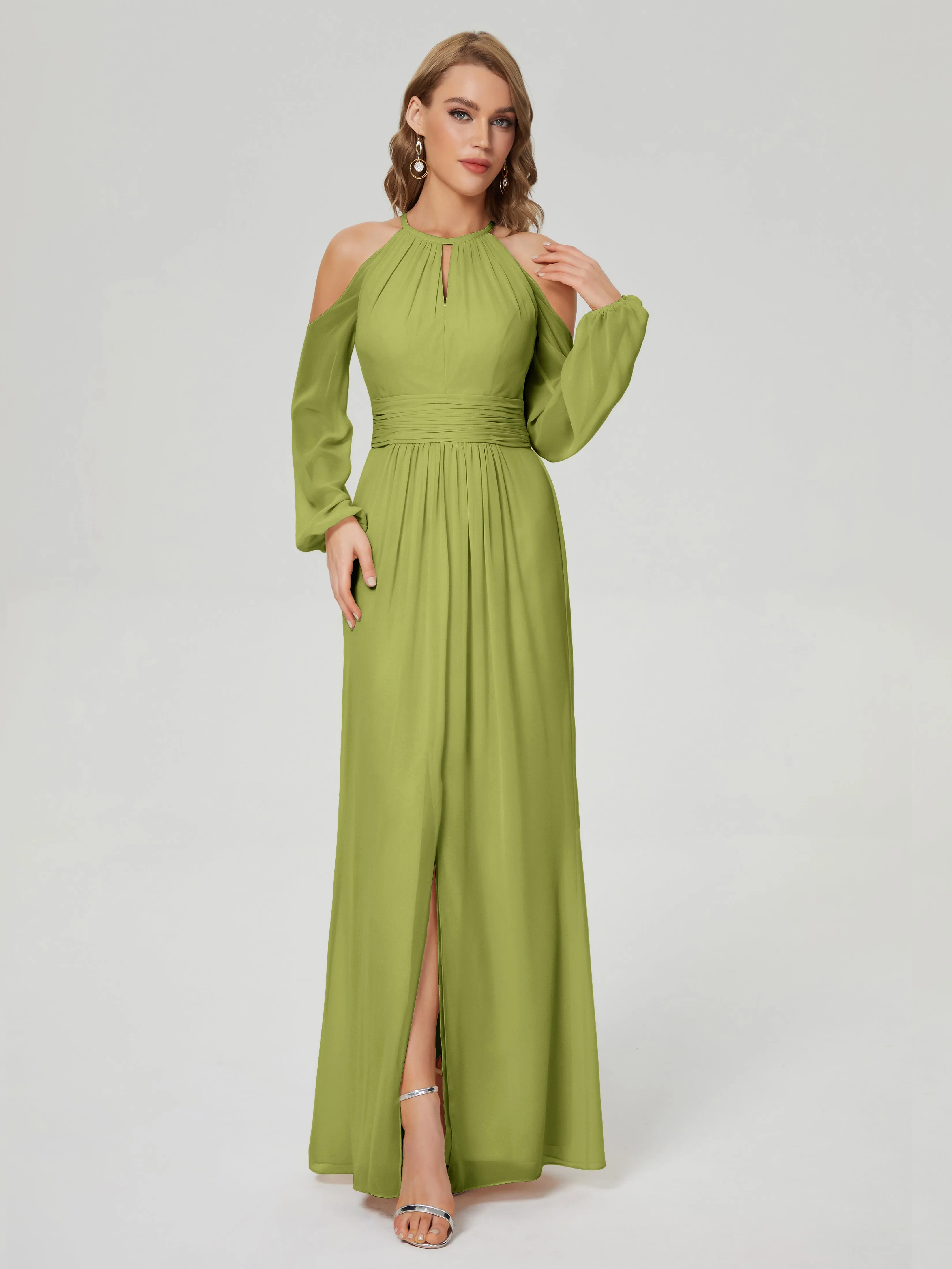 Phoebe Halter Long Sleeves Chiffon Bridesmaid Dresses