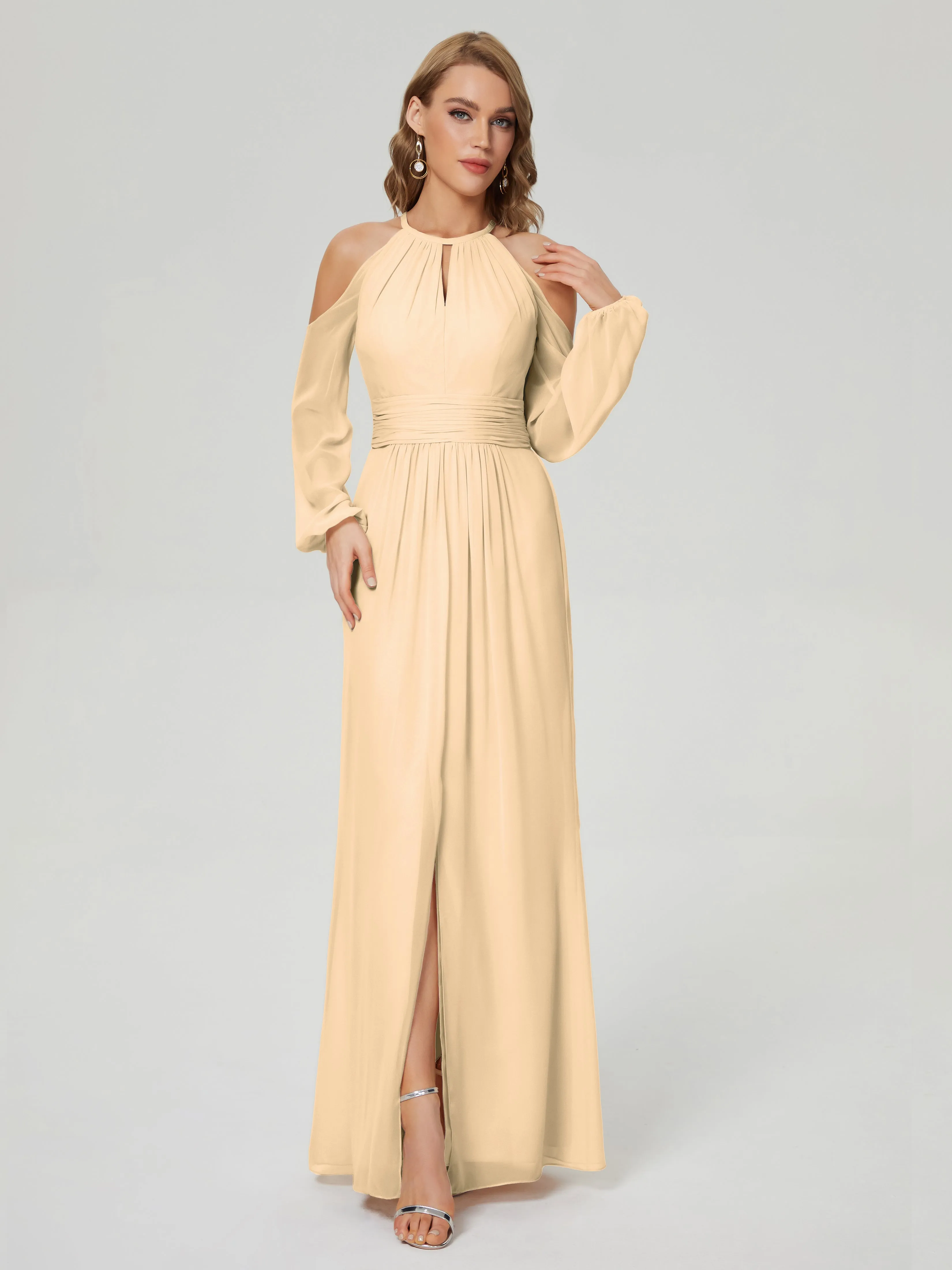 Phoebe Halter Long Sleeves Chiffon Bridesmaid Dresses